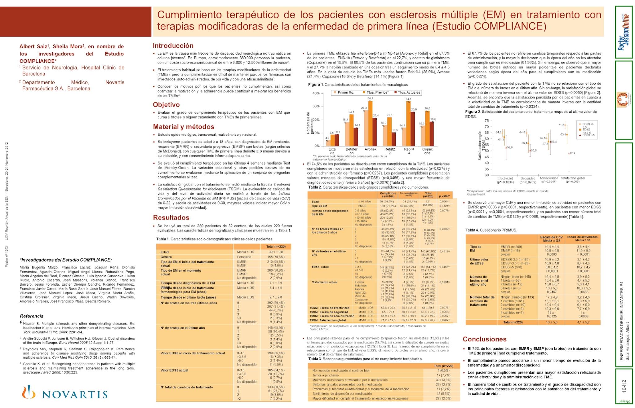 Cumplimiento terapéutico de los pacientes con esclerosis múltiple (EM) en tratamiento con terapias modificadoras de la enfermedad de primera línea (Estudio COMPLIANCE)
