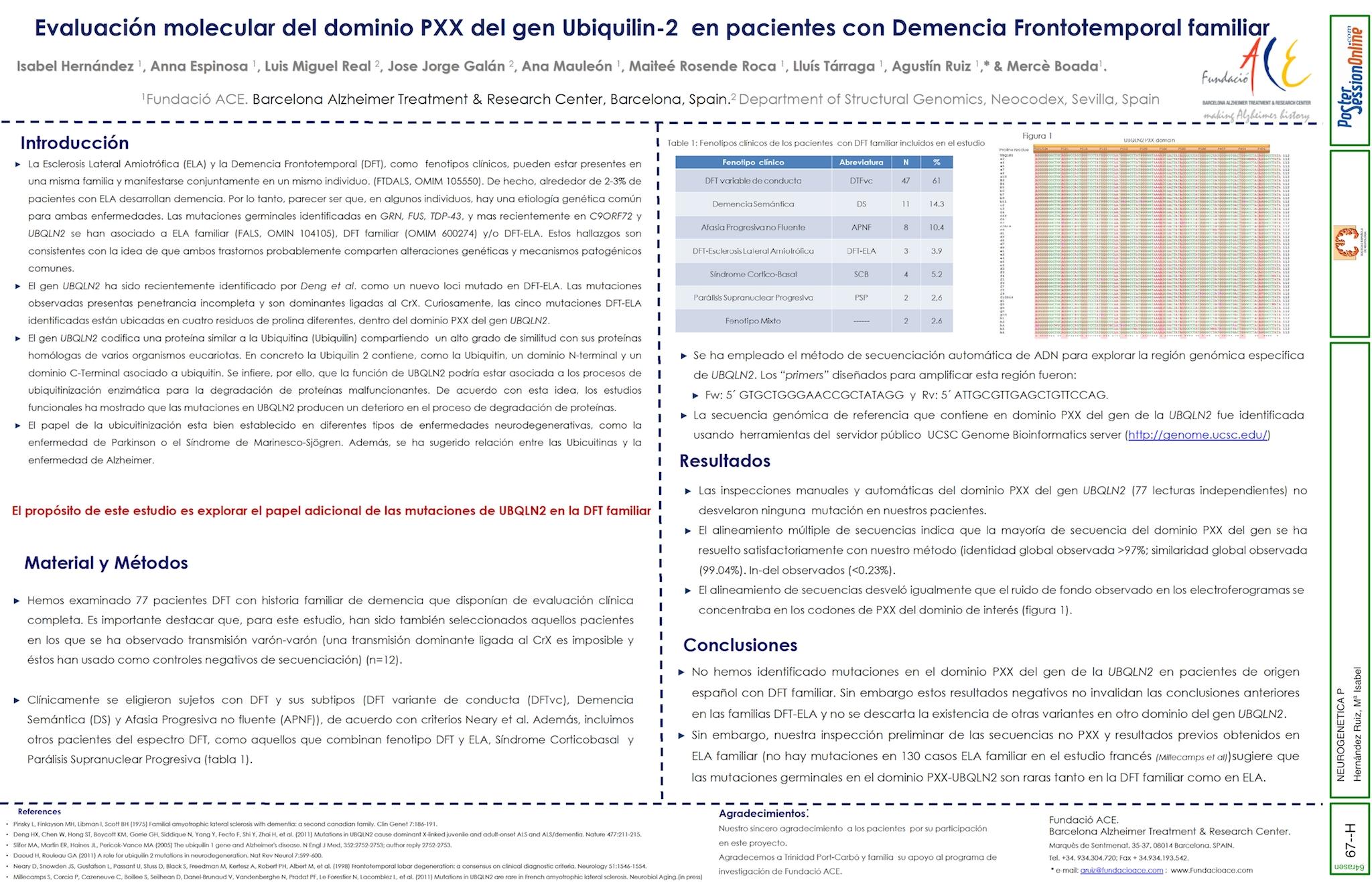 Evaluación molecular del dominio PXX del gen de la Ubiquilina 2 en pacientes con Degeneracion Lobar Frontotemporal familiar (DLFT)