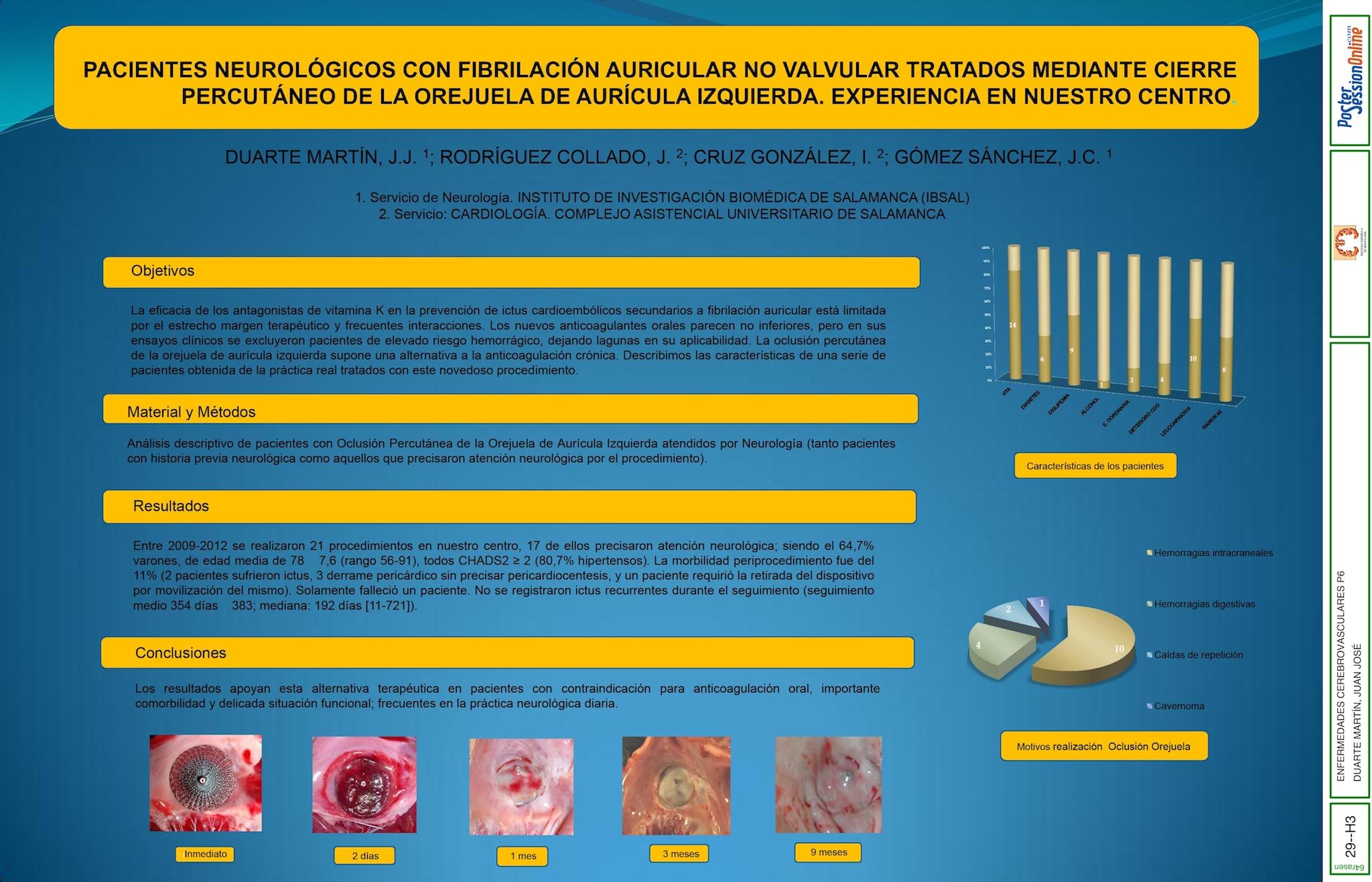 PACIENTES NEUROLÓGICOS CON FIBRILACIÓN AURICULAR NO VALVULAR TRATADOS MEDIANTE CIERRE PERCUTÁNEO DE LA OREJUELA DE AURÍCULA IZQUIERDA. EXPERIENCIA EN NUESTRO CENTRO.