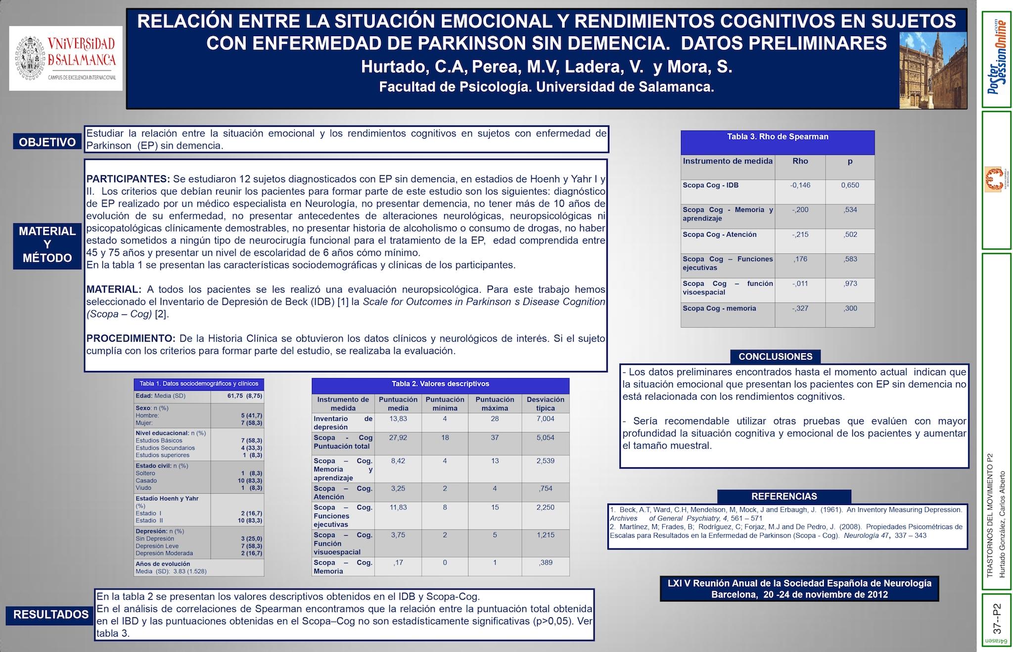 Relación entre situación emocional y rendimientos cognitivos en sujetos con  Enfermedad de Parkinson sin Demencia.  Datos preliminares.