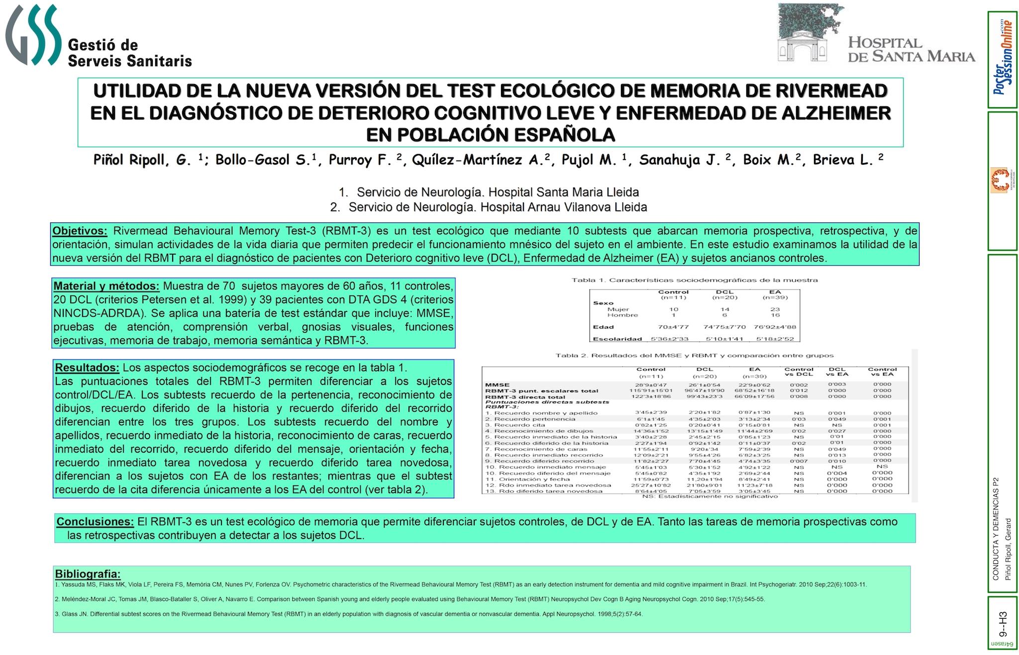 UTILIDAD DE LA NUEVA VERSIÓN DEL TEST ECOLÓGICO DE MEMORIA DE RIVERMEAD EN EL DIAGNÓSTICO DE DETERIORO COGNITIVO LEVE Y ENFERMEDAD DE ALZHEIMER EN POBLACIÓN ESPAÑOLA.