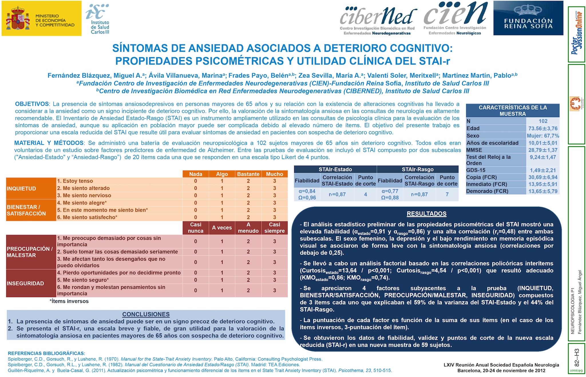SÍNTOMAS DE ANSIEDAD ASOCIADOS A DETERIORO COGNITIVO: PROPIEDADES PSICOMÉTRICAS Y UTILIDAD CLÍNICA DEL STAI-r