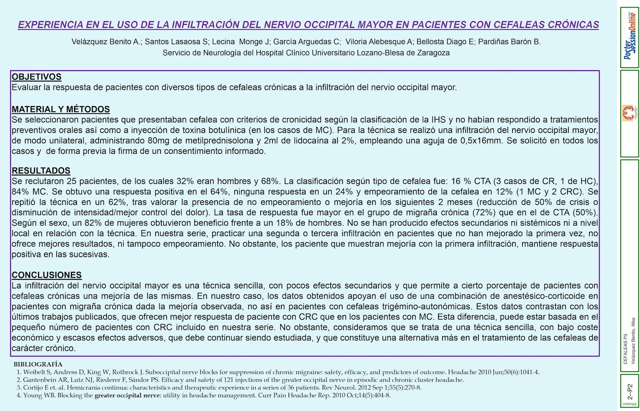 EXPERIENCIA EN EL USO DE LA INFILTRACIÓN  DEL NERVIO OCCIPITAL MAYOR EN PACIENTES CON CEFALEAS CRÓNICAS