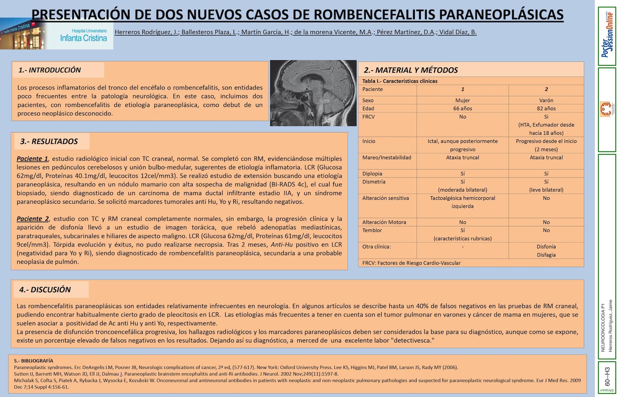PRESENTACIÓN DE DOS NUEVOS CASOS DE ROMBENCEFALITIS PARANEOPLÁSICAS
