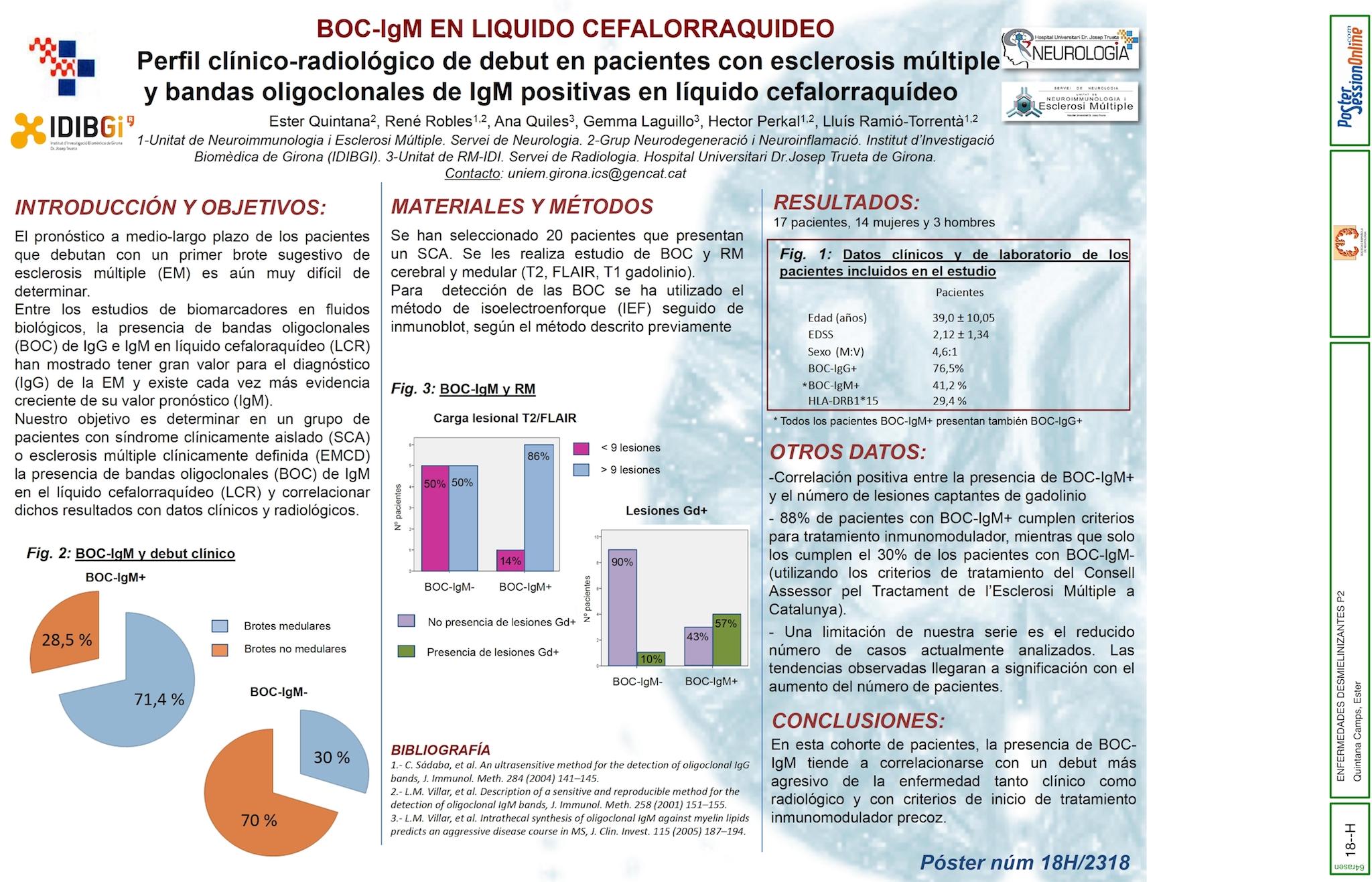 Perfil clínico-radiológico de debut en pacientes con esclerosis múltiple con bandas oligoclonales de IgM positivas en líquido cefalorraquídeo.