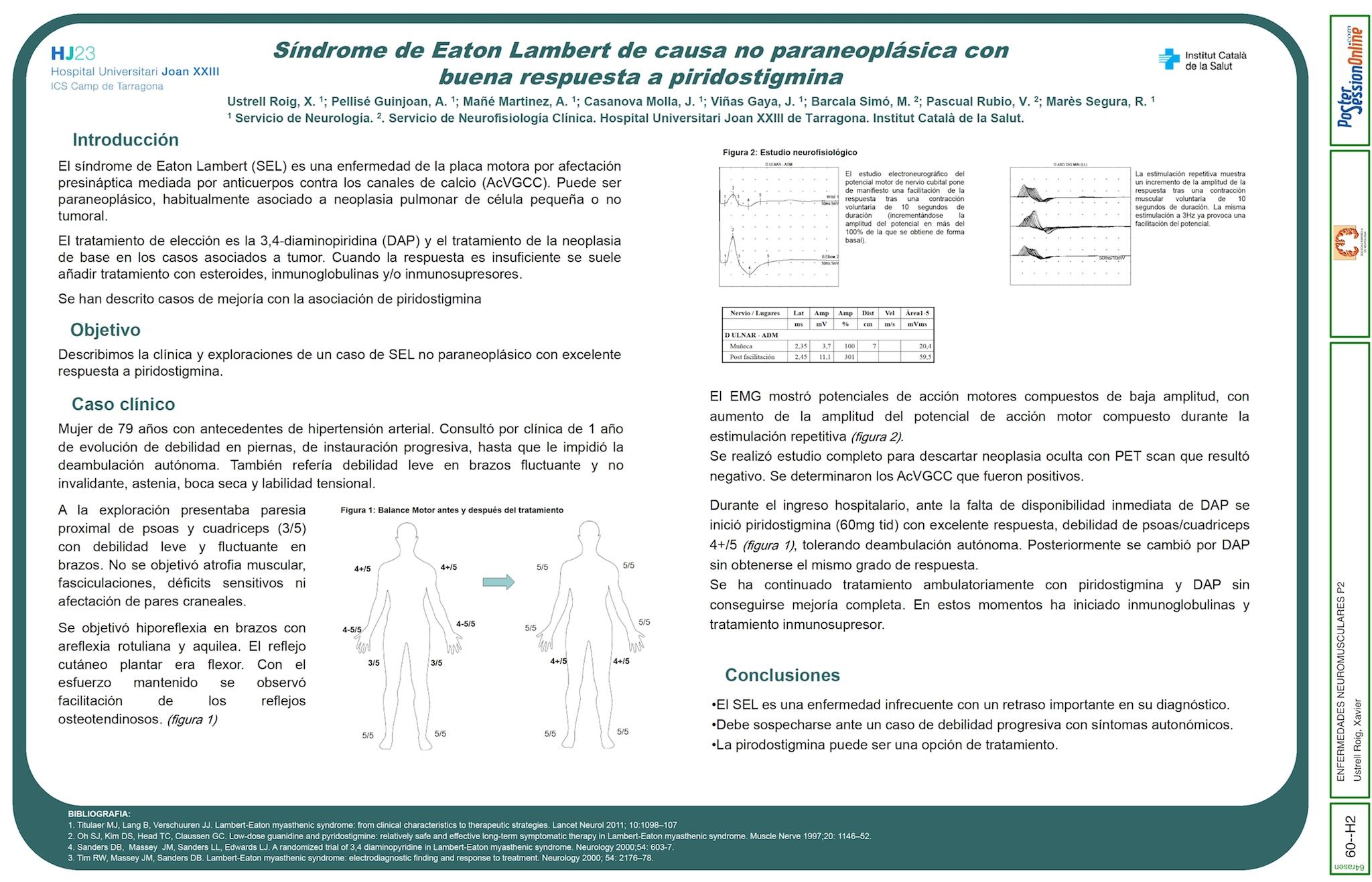 Síndrome de Eaton Lambert de causa no paraneoplásica con buena respuesta a piridostigmina