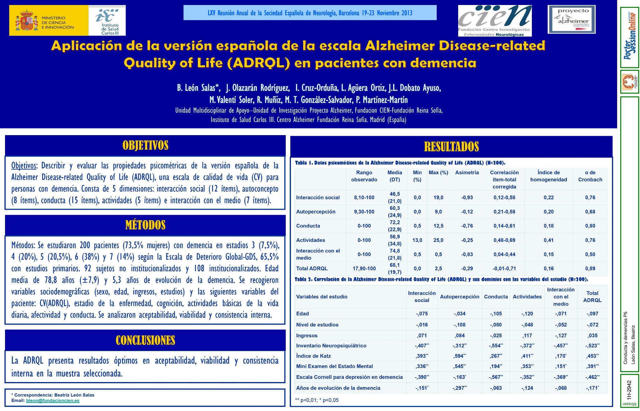 Aplicación de la versión española de la escala Alzheimer Disease-related Quality of Life (ADRQL) en pacientes con demencia tipo Alzheimer