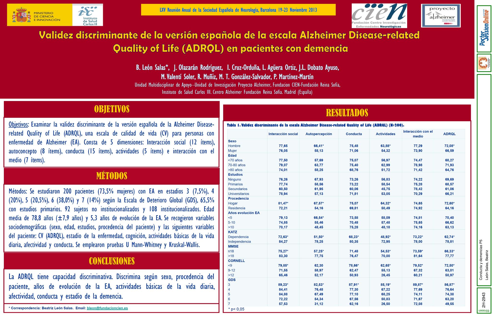 Validez discriminante de la versión española de la escala Alzheimer Disease-related Quality of Life (ADRQL) en pacientes con demencia tipo Alzheimer