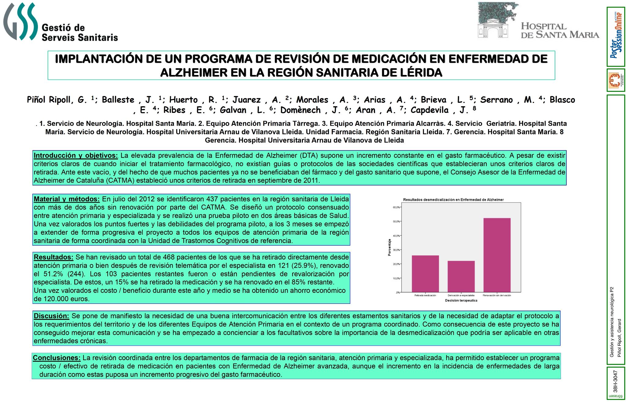 Implantación de un programa de revisión autorización medicación en Enfermedad de Alzheimer en la región sanitaria de Lérida