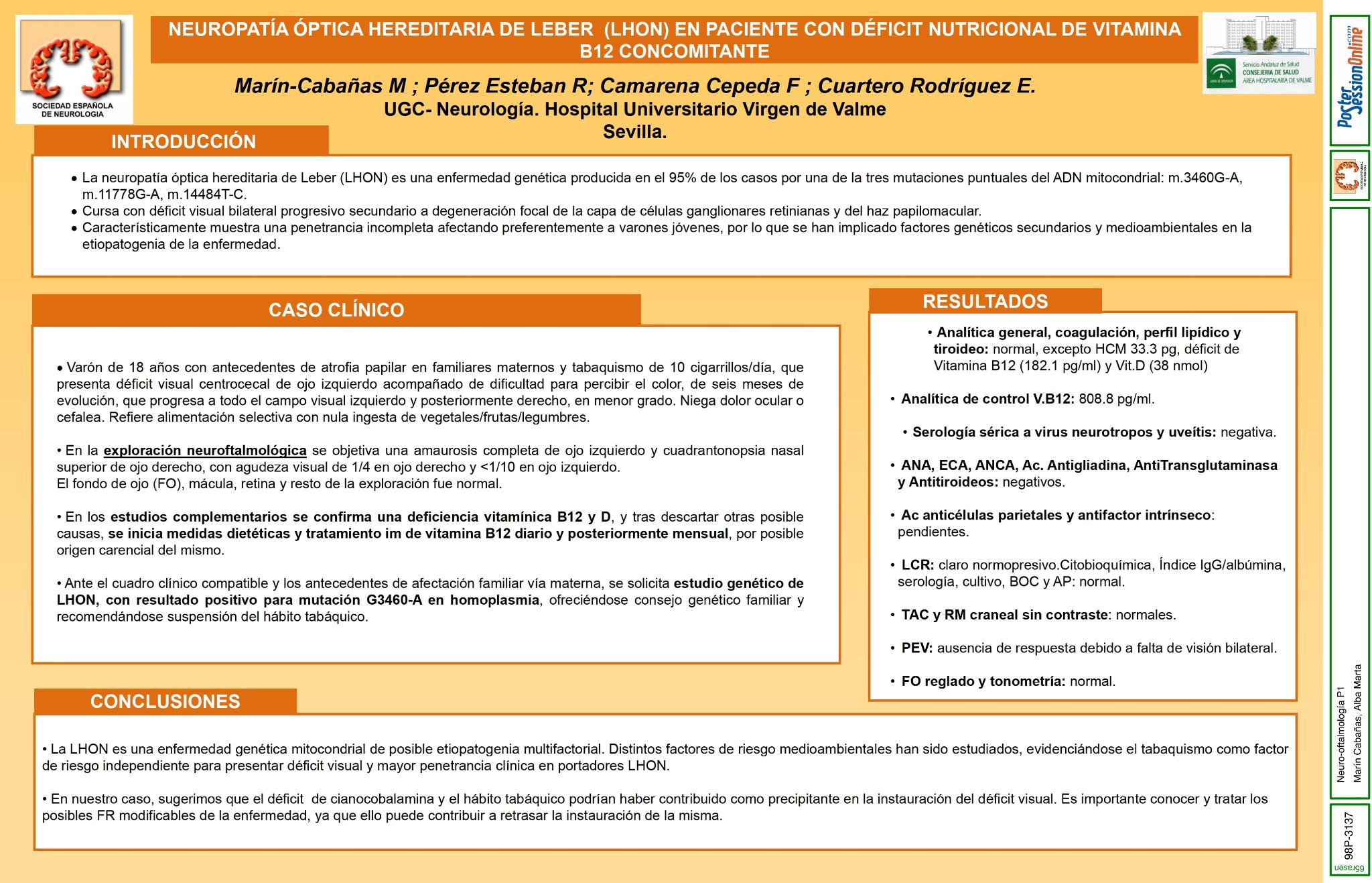 Neuropatía óptica hereditaria de Leber (LHON) en paciente con déficit nutricional de vitamina B12 concomitante