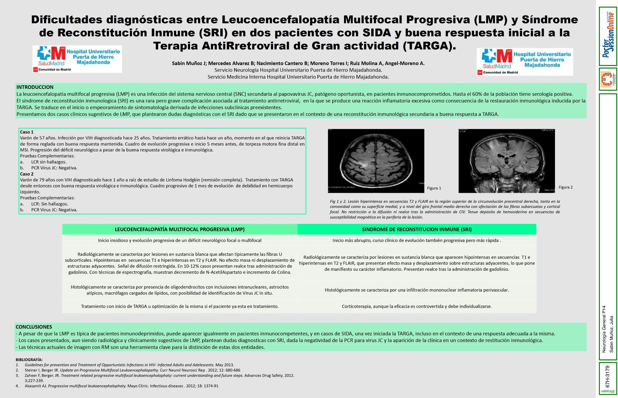 Dificultades diagnósticas entre Leucoencefalopatía Multifocal Progresiva (LMP) y Síndrome de Reconstitución Inmune (SIRS) en dos pacientes con SIDA y buena respuesta inicial a Terapia Virologica de Gr
