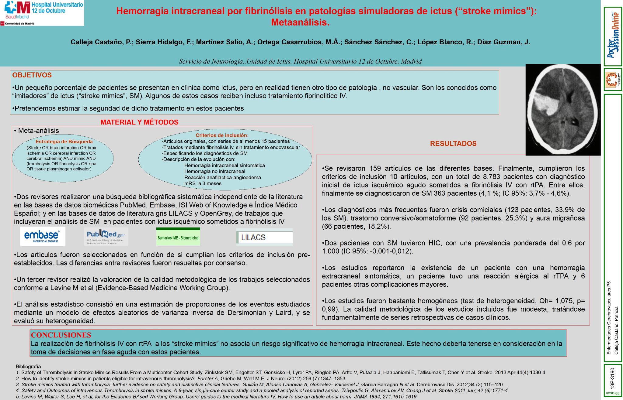 Hemorragia intracraneal por fibrinólisis en patologías simuladoras de ictus (“stroke mimics”): metaanálisis.