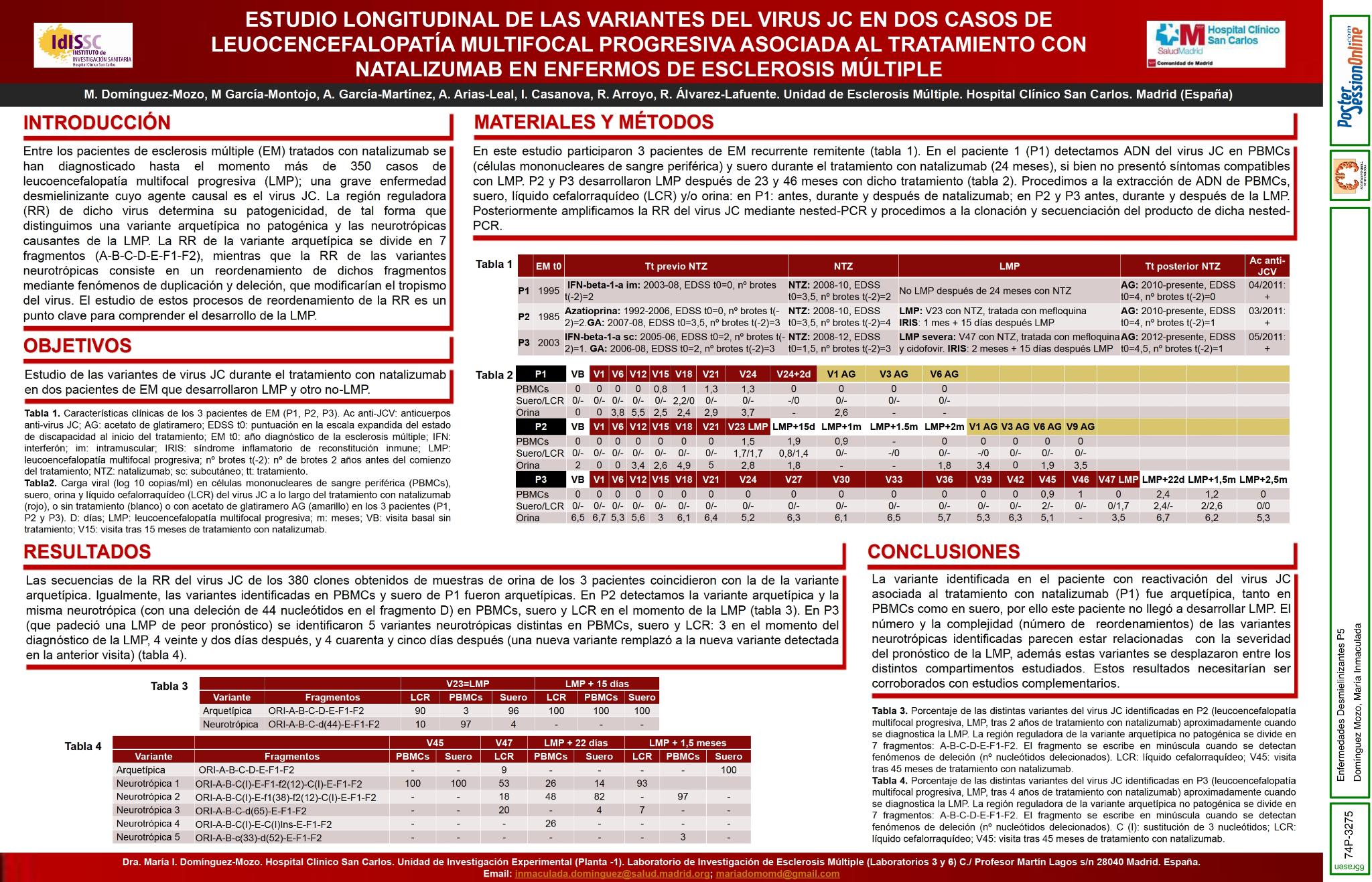 Estudio longitudinal de las variantes del virus JC en dos casos de leuocencefalopatía multifocal progresiva asociada al tratamiento con Natalizumab en enfermos de Esclerosis Múltiple