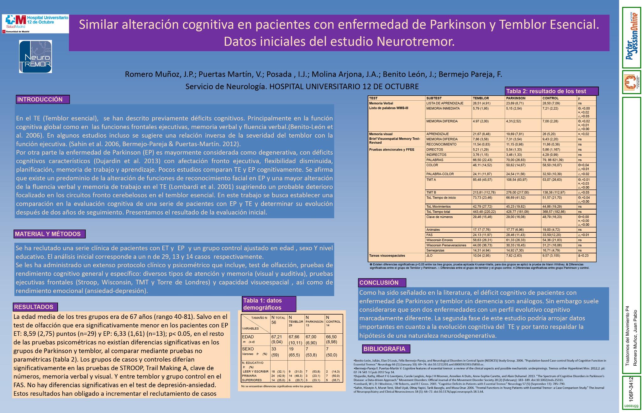 Similar alteración cognitiva en pacientes con enfermedad de Parkinson y temblor esencial. Datos iniciales del estudio Neurotremor.