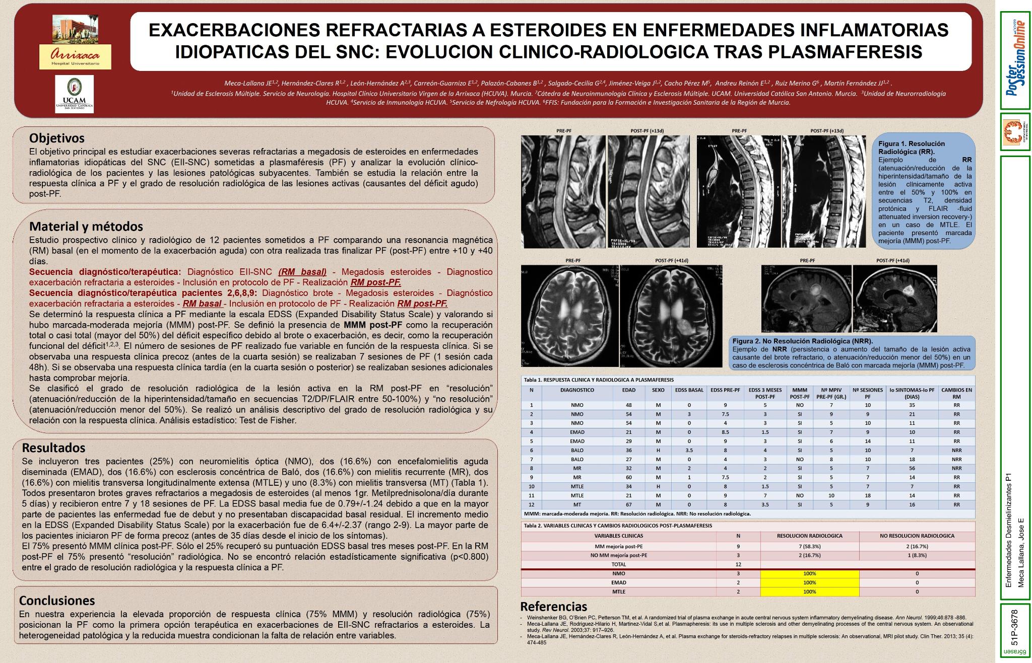 Exacerbaciones refractarias a esteroides en enfermedades inflamatorias idiopaticas del SNC: evolucion clinico-radiologica tras plasmaferesis