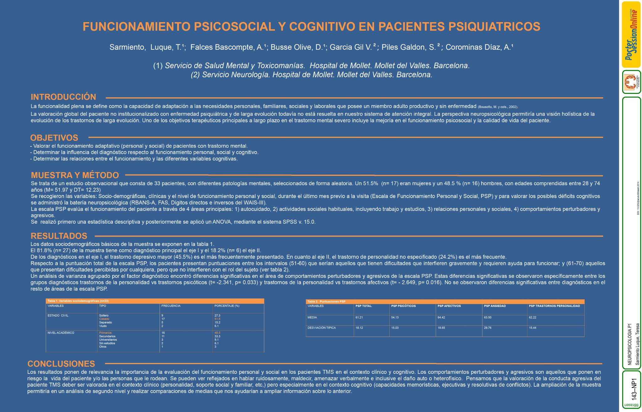 Funcionamiento psicosocial y cognitivo en pacientes psiquiatricos