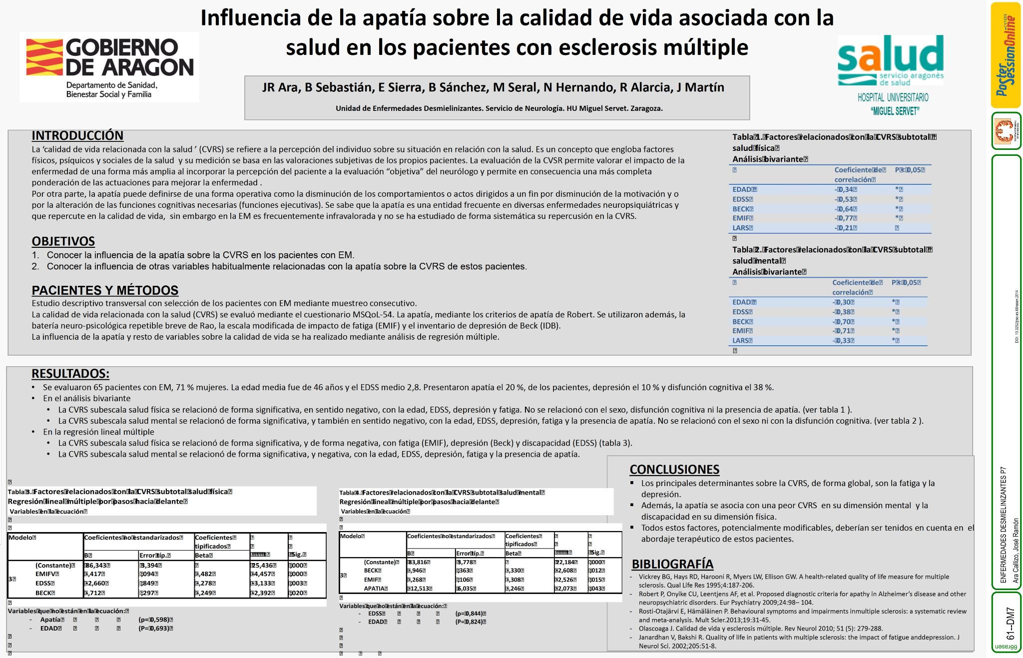 Influencia de la apatía sobre la calidad de vida asociada con la salud en los pacientes con esclerosis múltiple