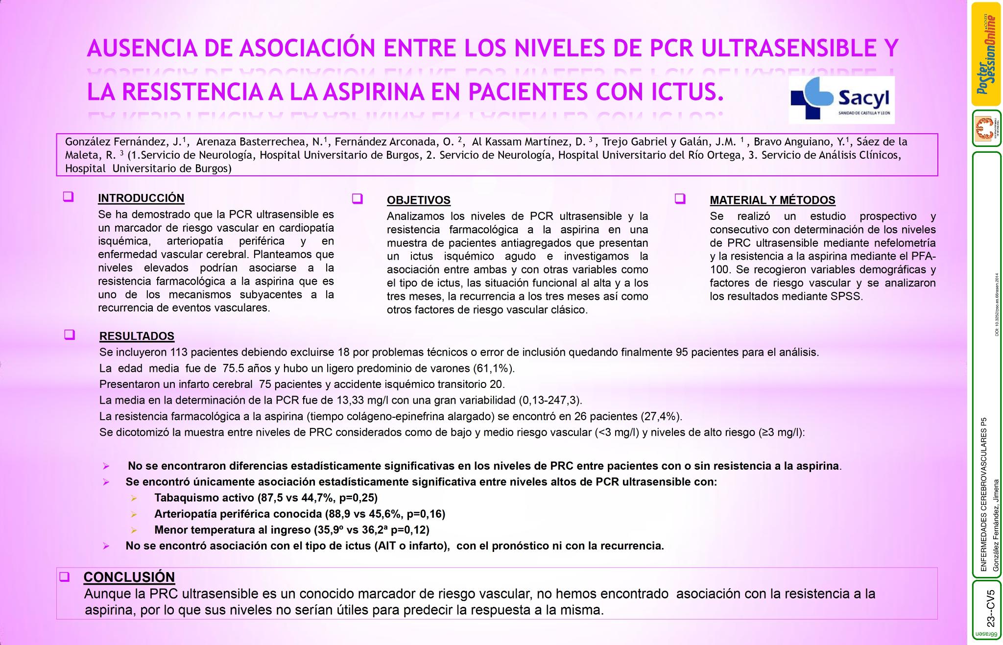 Ausencia de asociación entre los niveles de PCR ultrasensible y la resistencia a la aspirina en pacientes con ictus