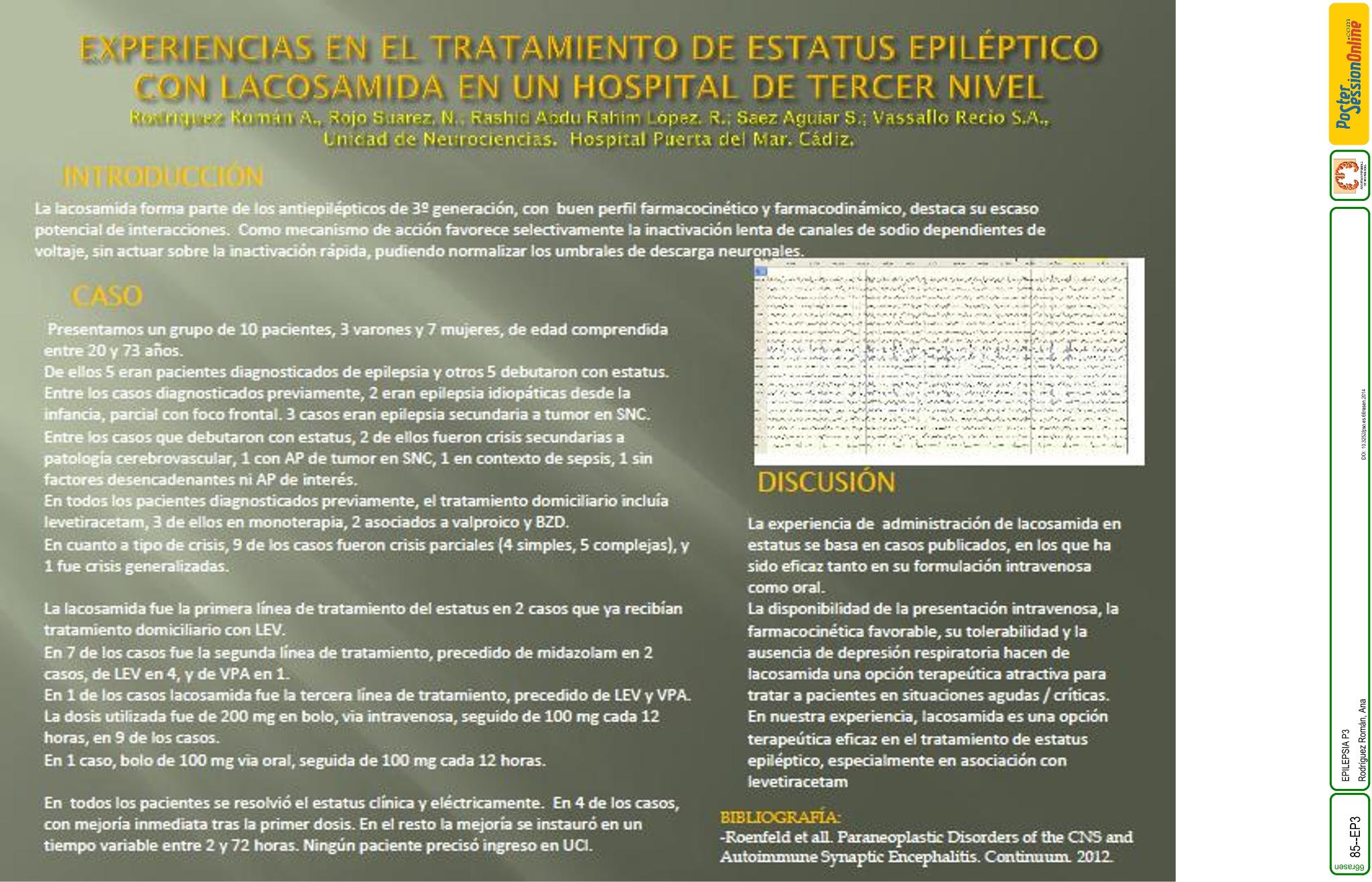 Experiencias en el tratamiento de estatus epiléptico con Lacosamida en un hospital de tercer nivel