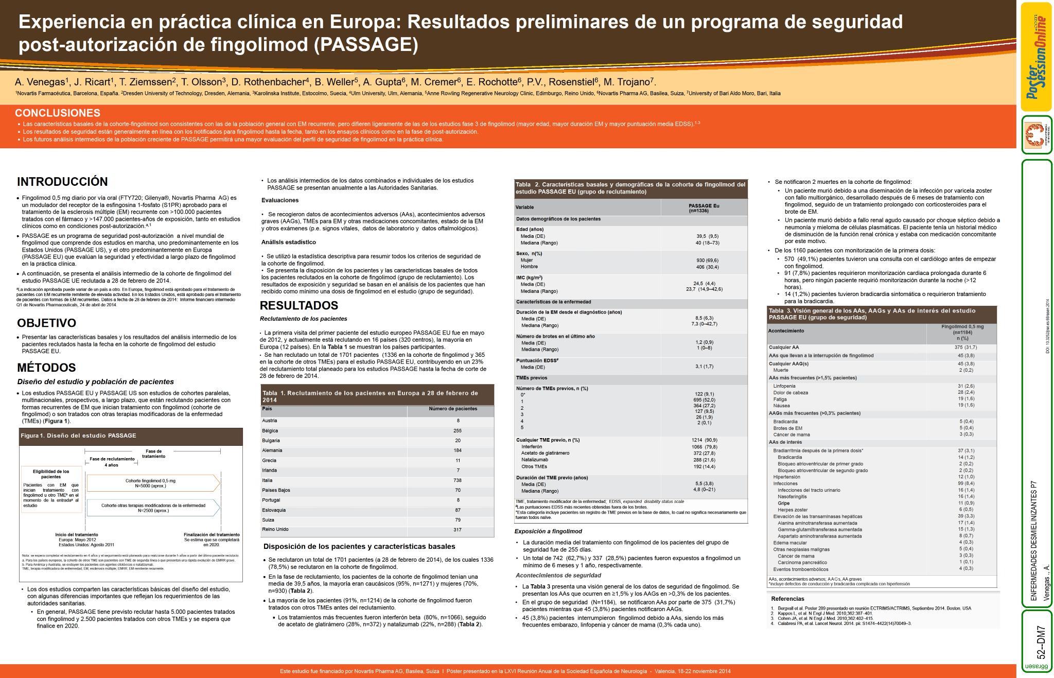 Experiencia en práctica clínica en Europa: Resultados preliminares de un programa de seguridad post-autorización de fingolimod (PASSAGE)