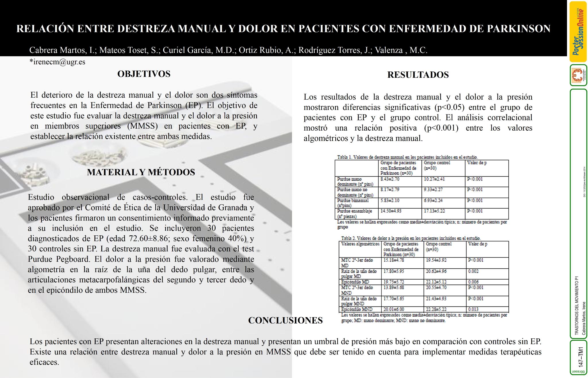 Relación entre destreza manual y dolor en pacientes con Enfermedad de Parkinson