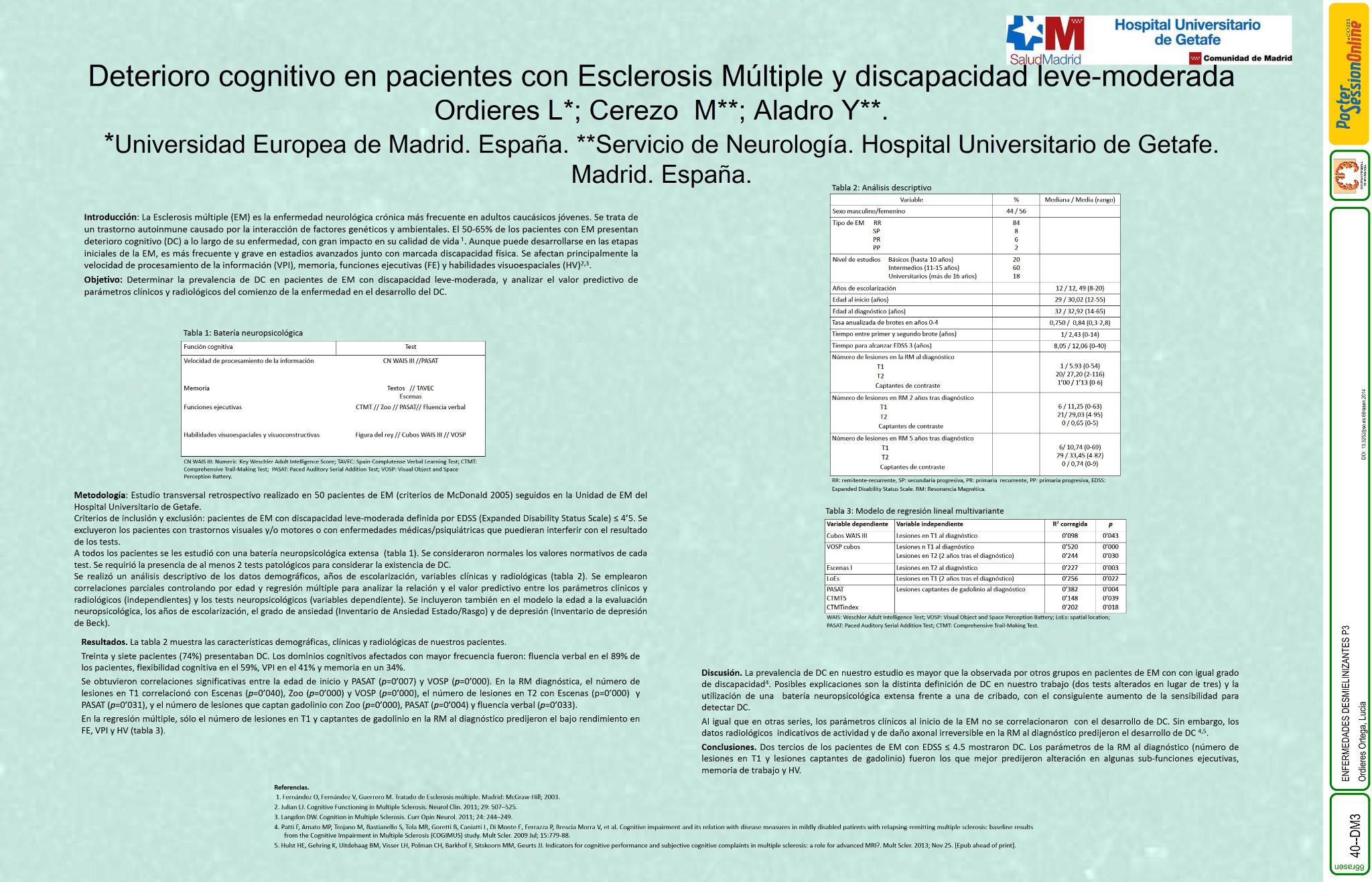 Deterioro cognitivo en pacientes de esclerosis múltiple con discapacidad leve-moderada