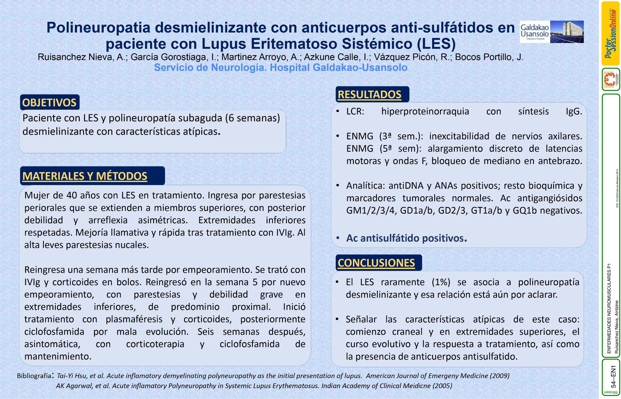 Polineuropatia desmielinizante con anticuerpos anti-sulfátidos en paciente con Lupus Eritematoso Sistémico (LES)
