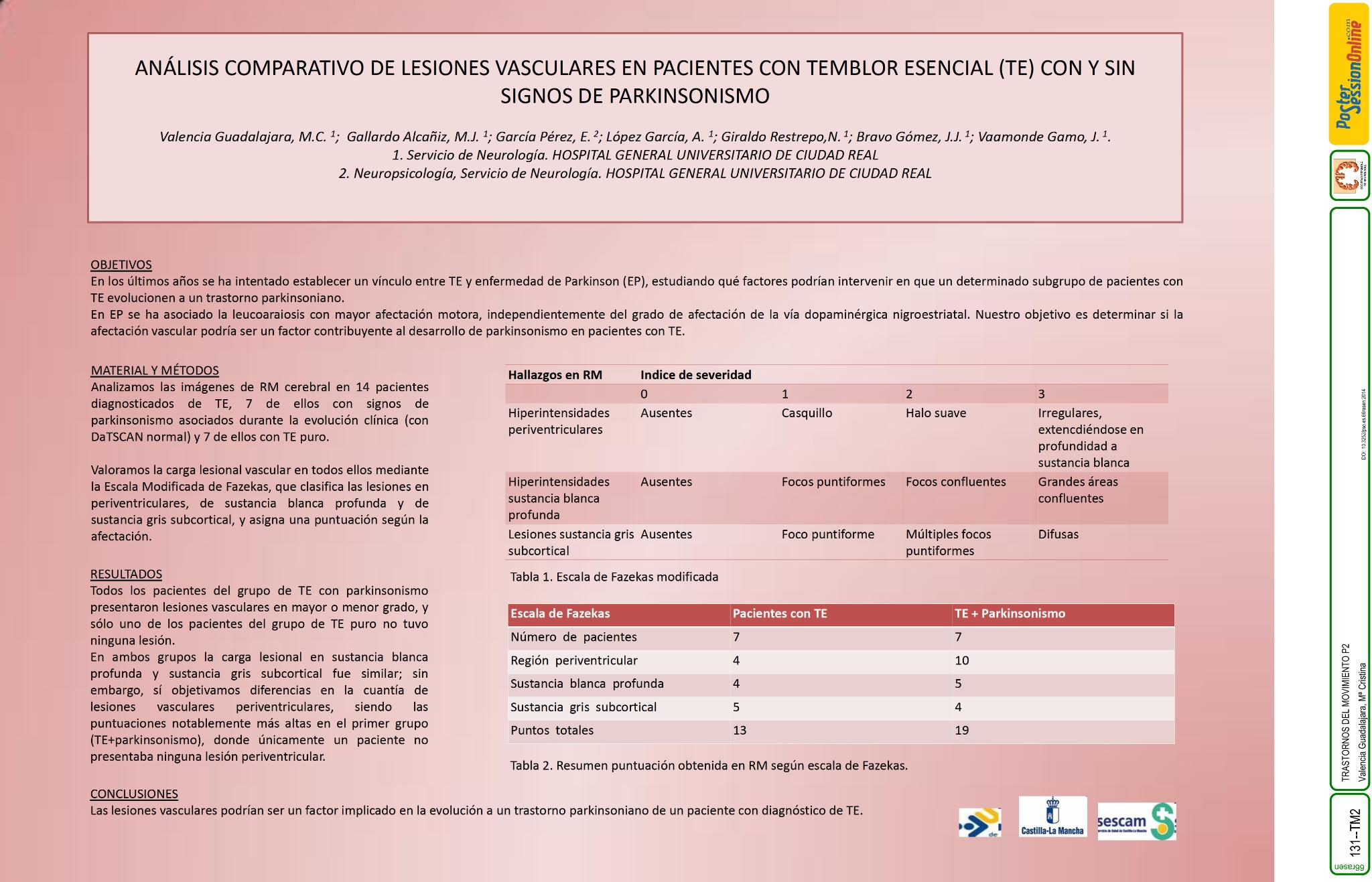 Análisis comparativo de lesiones vasculares en pacientes con temblor esencial (TE) con y sin signos de parkinsonismo