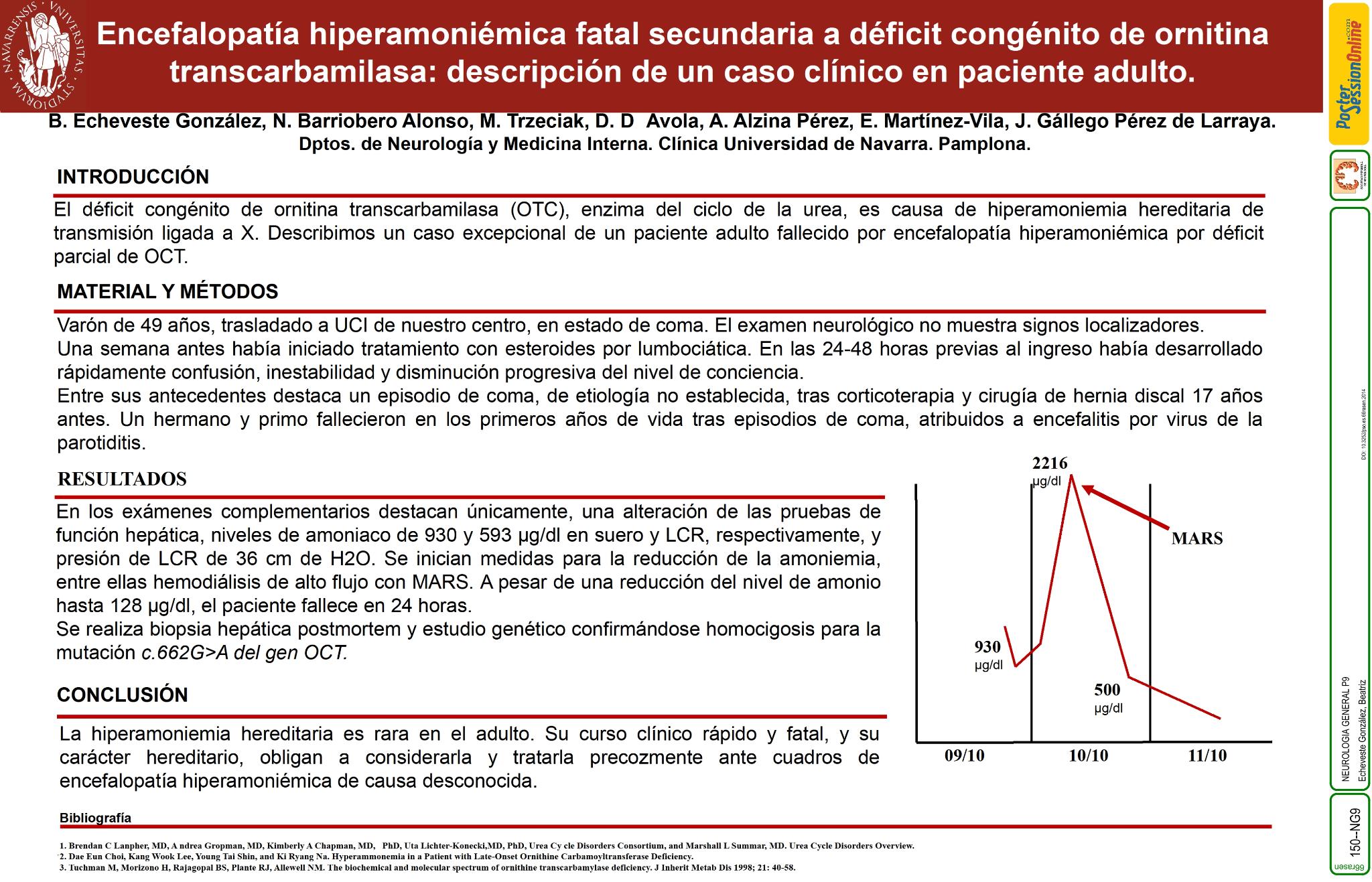 Encefalopatía hiperamoniémica fatal secundaria a déficit congénito de ornitina transcarbamilasa: descripción de un caso clínico en paciente adulto