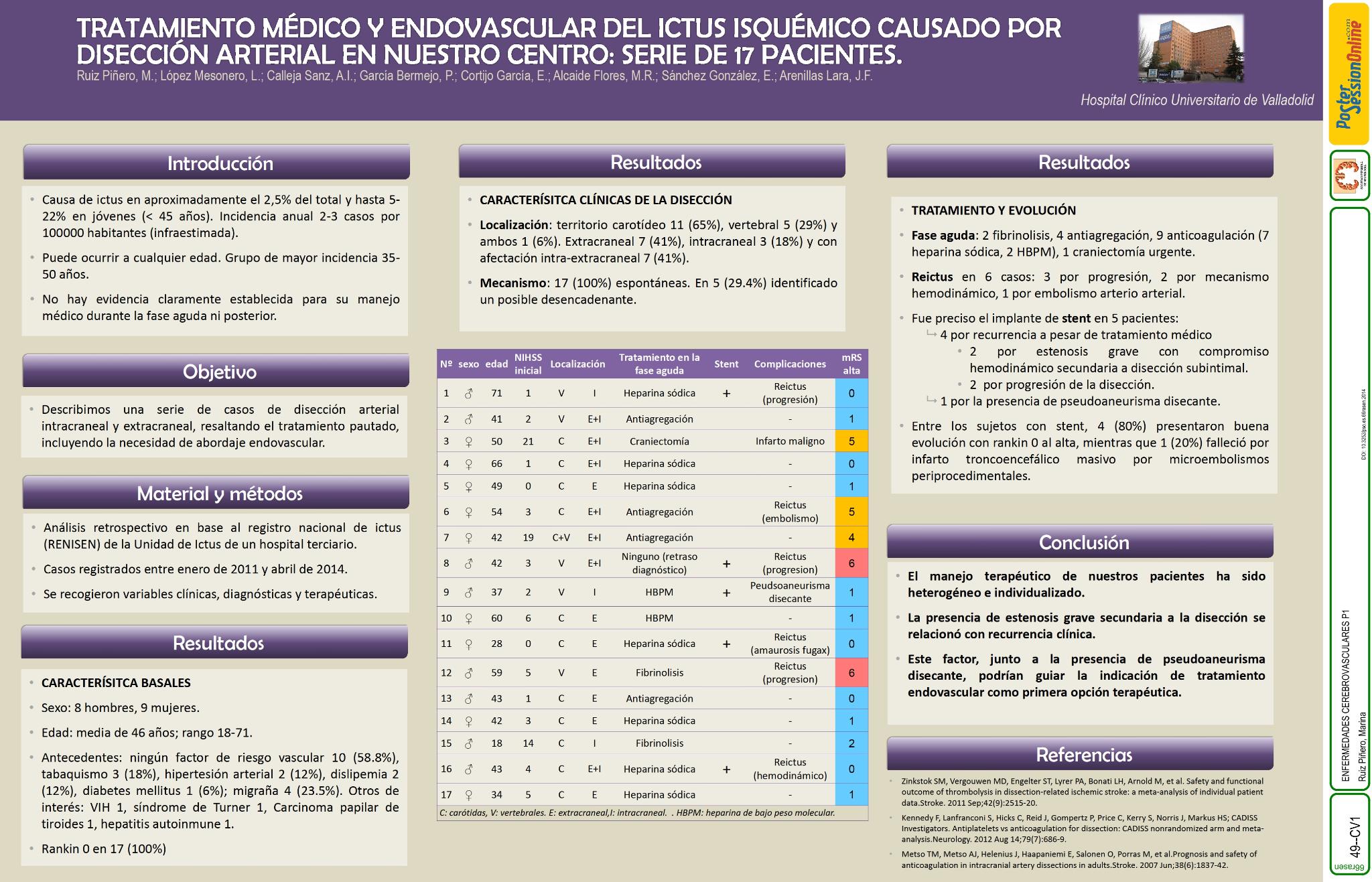 Tratamiento médico y endovascular del ictus isquémico causado por disección arterial en nuestro centro: serie de 17 pacientes