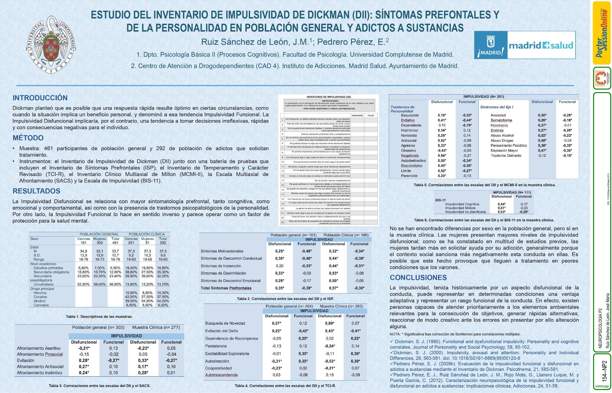 Estudio del Inventario de Impulsividad de Dickman (DII): síntomas prefontales y la personalidad en población general y adictos a sustancias