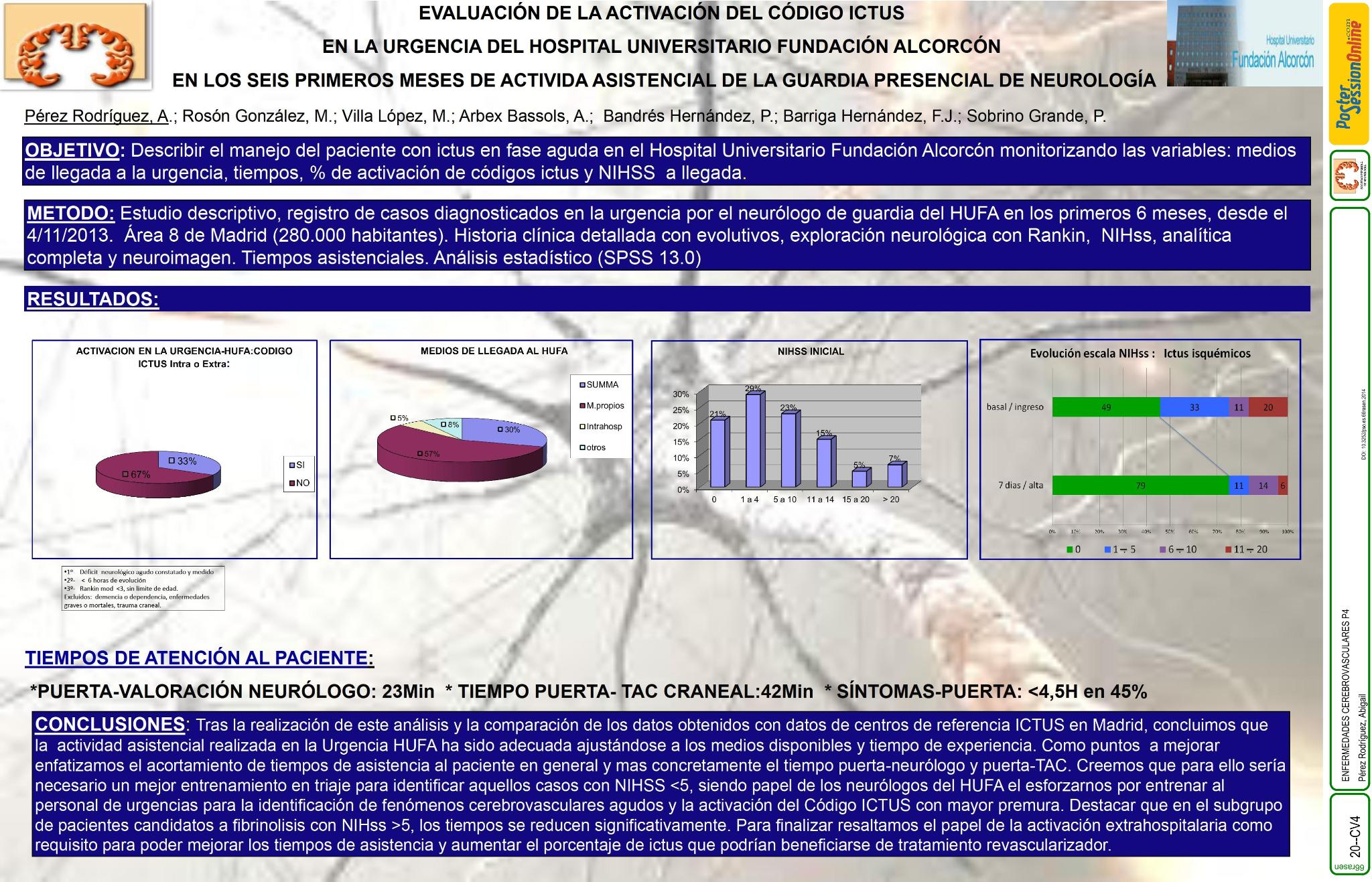 Evaluación de la activación del CODIGO ICTUS en la urgencia del  Hospital Universitario Fundación Alcorcón en los 6 primeros meses de actividad asistencial de la guardia presencial de neurología