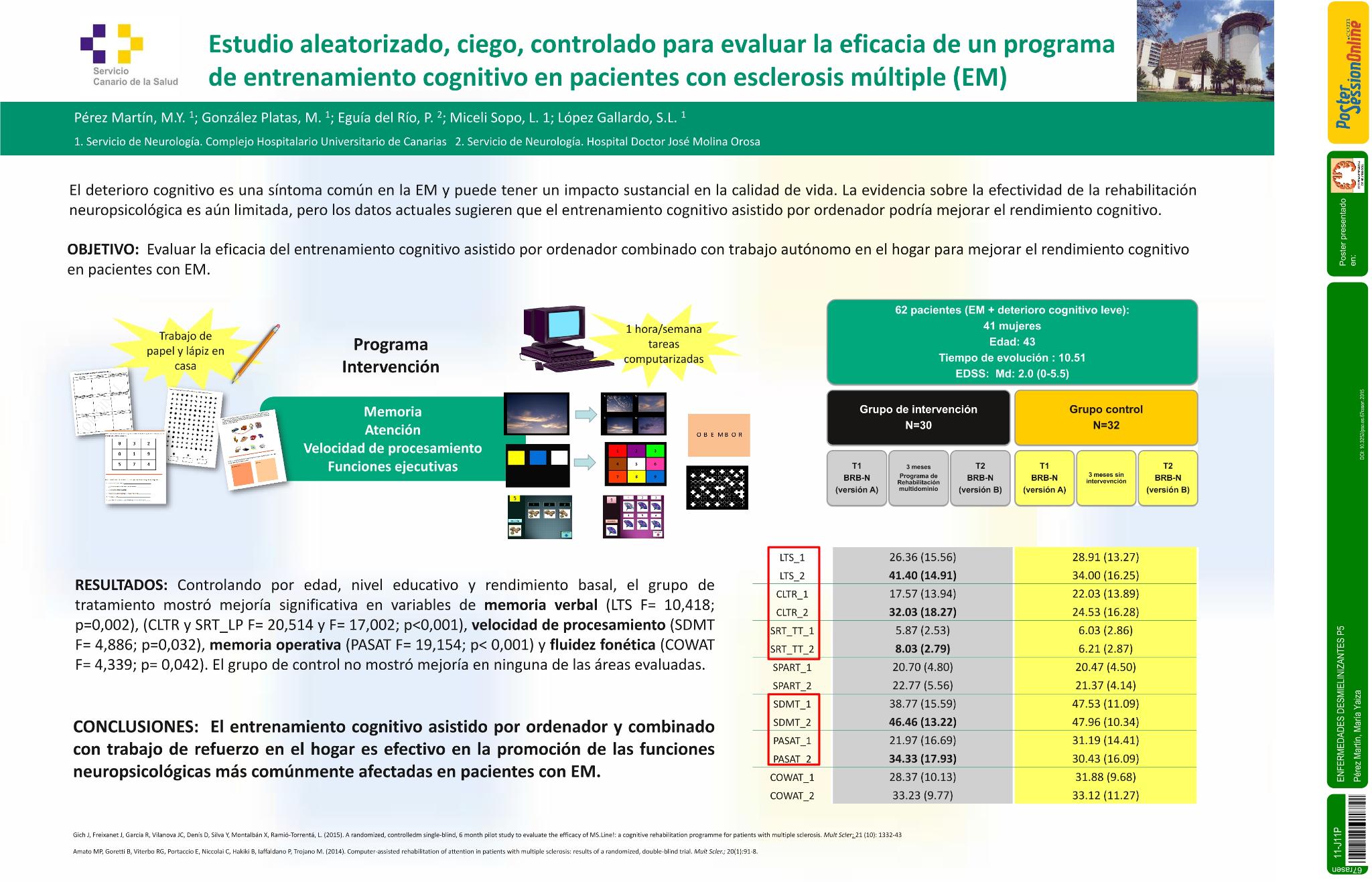 Estudio aleatorizado, ciego, controlado  para evaluar la eficacia de un programa de entrenamiento cognitivo en pacientes con esclerosis múltiple (EM)