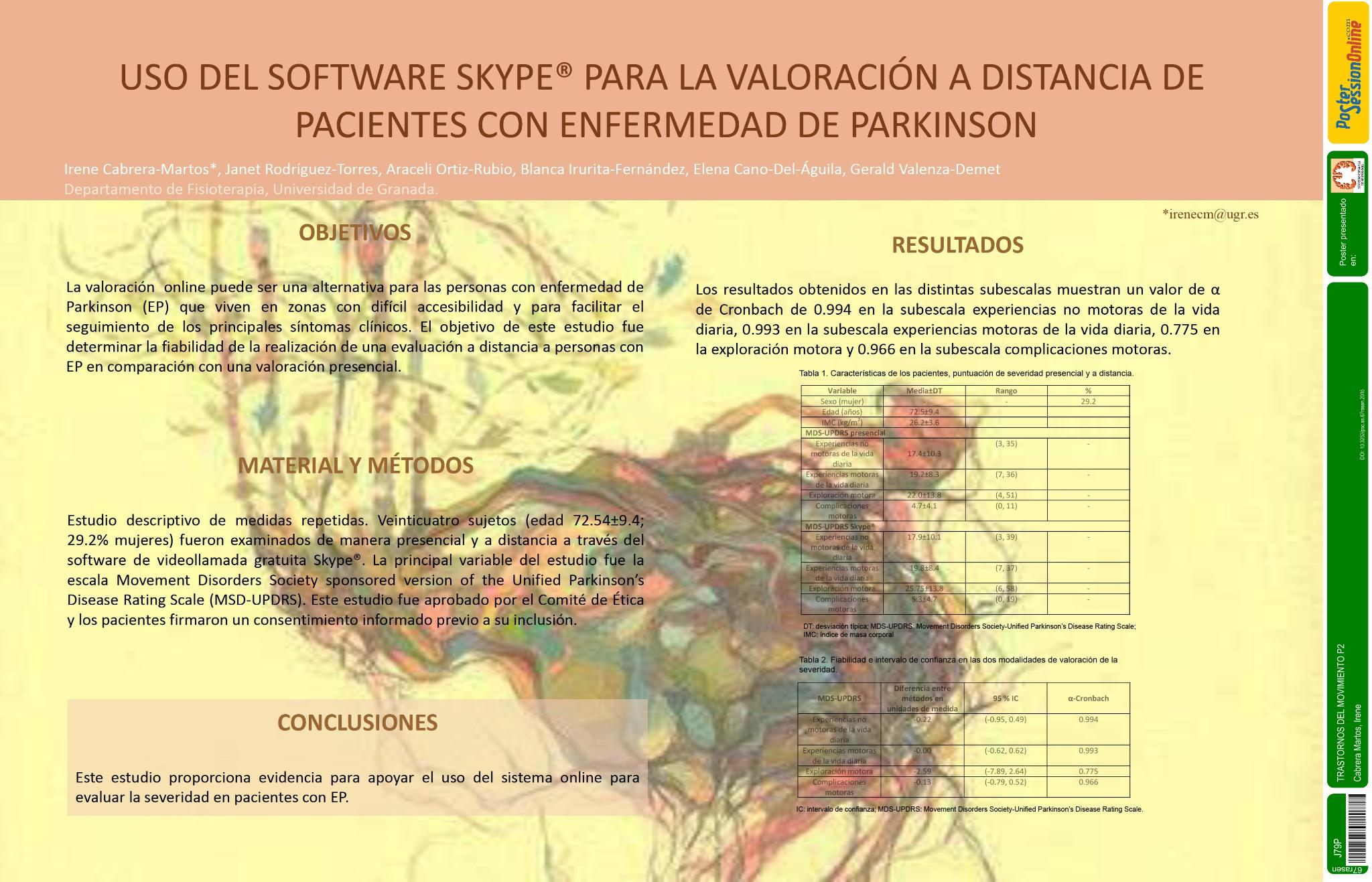 Uso del software Skype® para la valoración a distancia de pacientes con Enfermedad de Parkinson