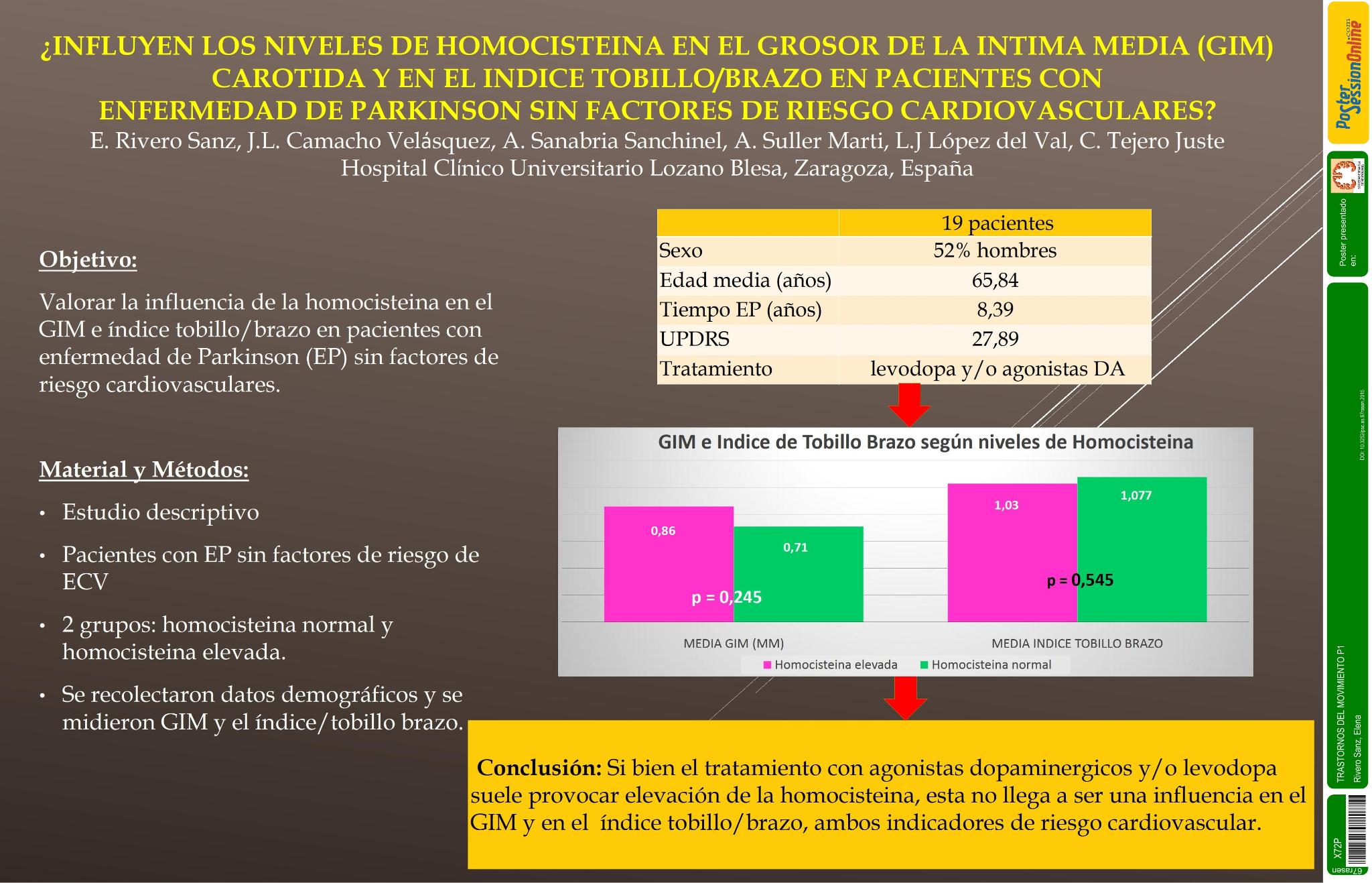 ¿Influyen los niveles de homocisteina en el grosor de la intima media carotida y en el indice tobillo/brazo en pacientes con enfermedad de parkinson?
