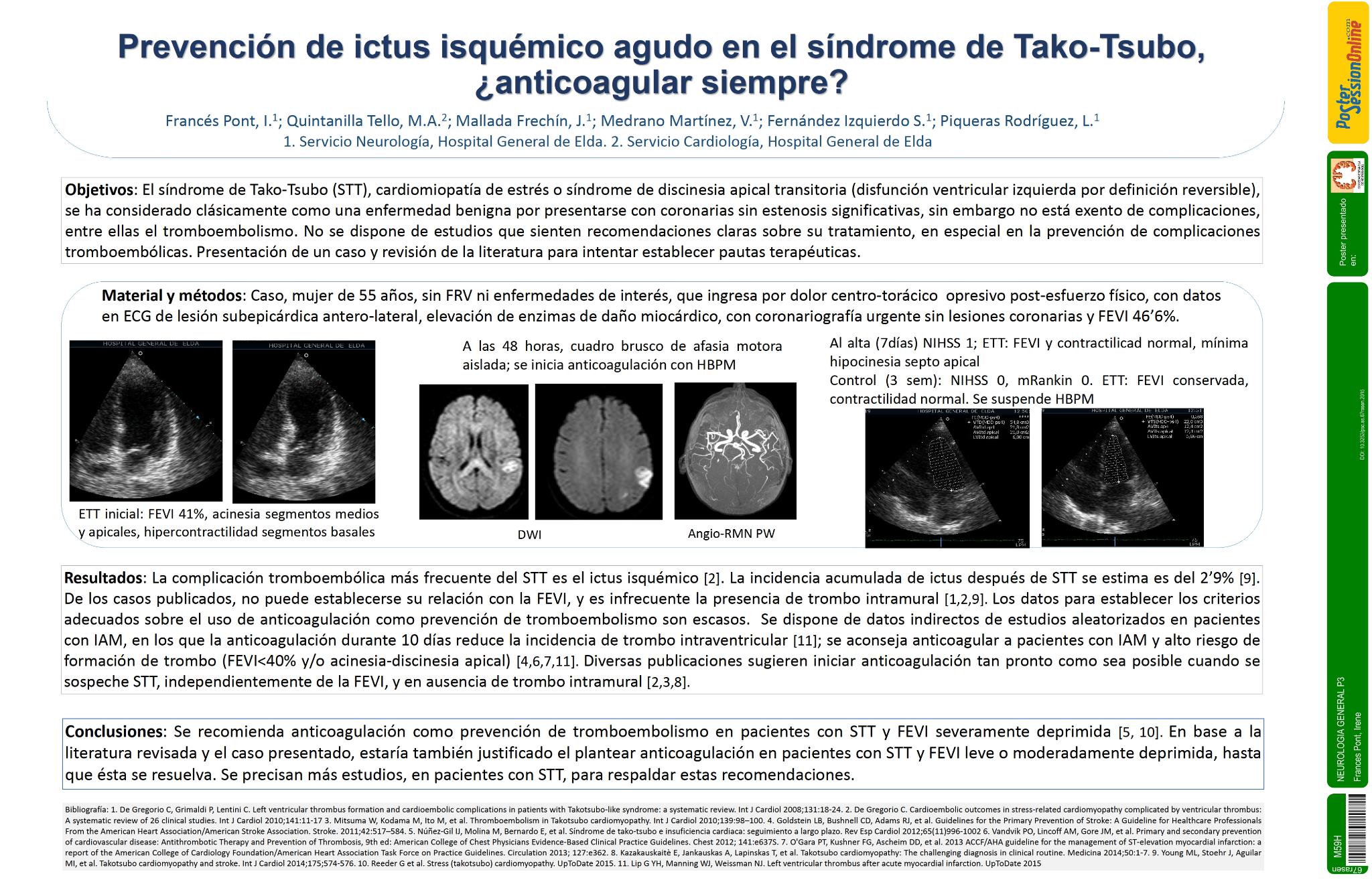 Prevención de ictus en el síndrome de Tako-Tsubo ¿anticoagular siempre?