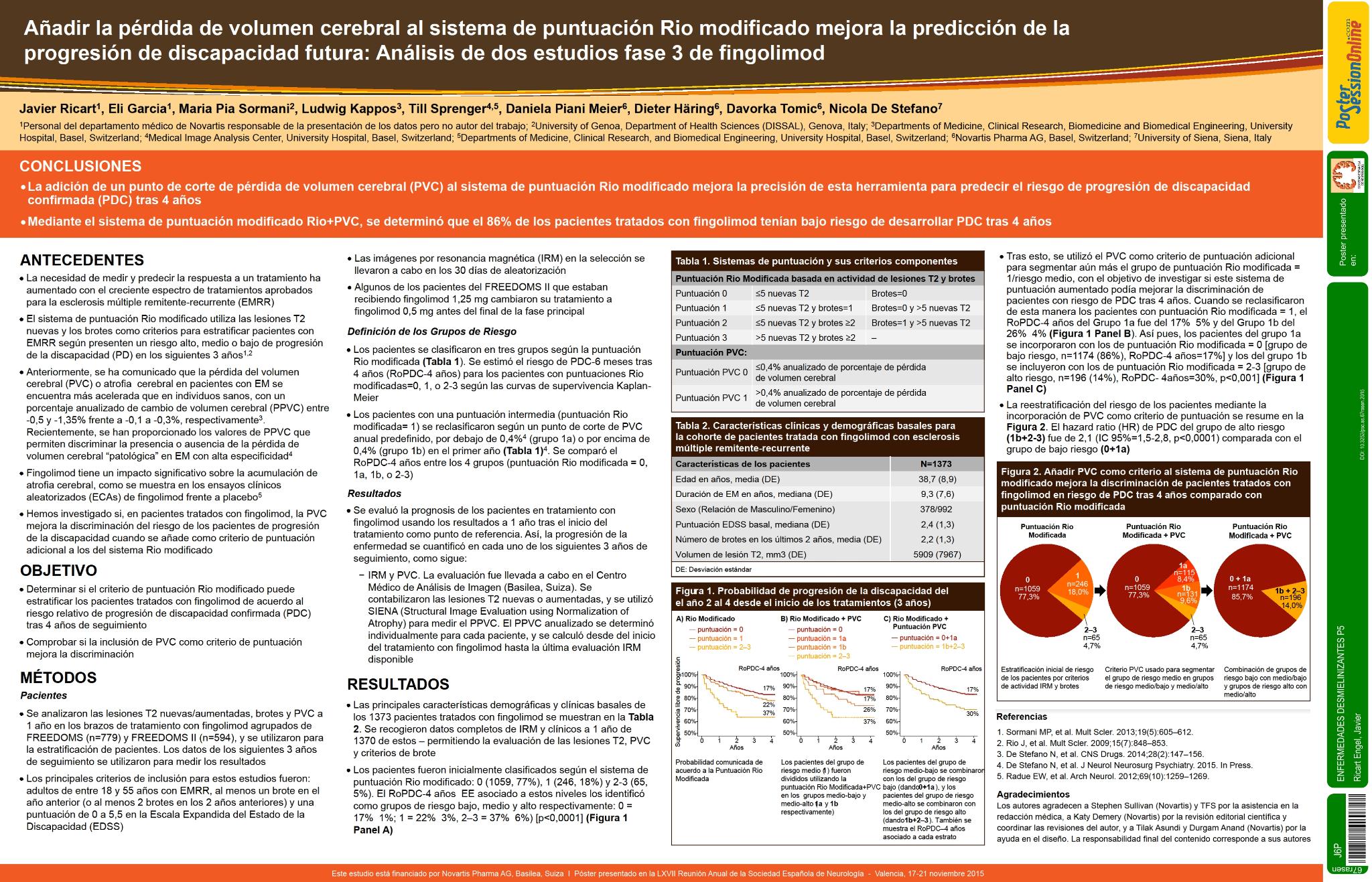Añadir la pérdida de volumen cerebral (PVC) al sistema de puntuación Rio modificado (ModRio) mejora la predicción de la progresión de discapacidad futura: Análisis de estudios fase III de fingolimod