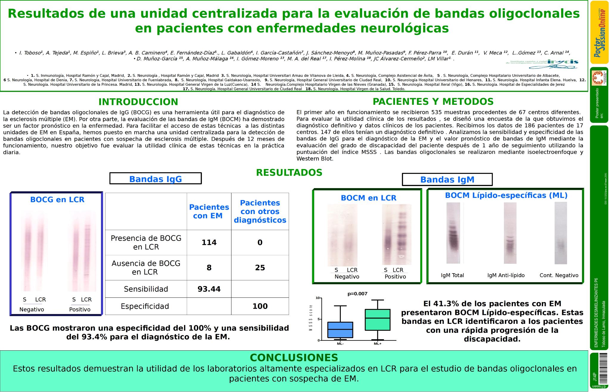 Resultados de una unidad centralizada para la evaluación de bandas oligoclonales en pacientes con sospecha de Esclerosis múltiple
