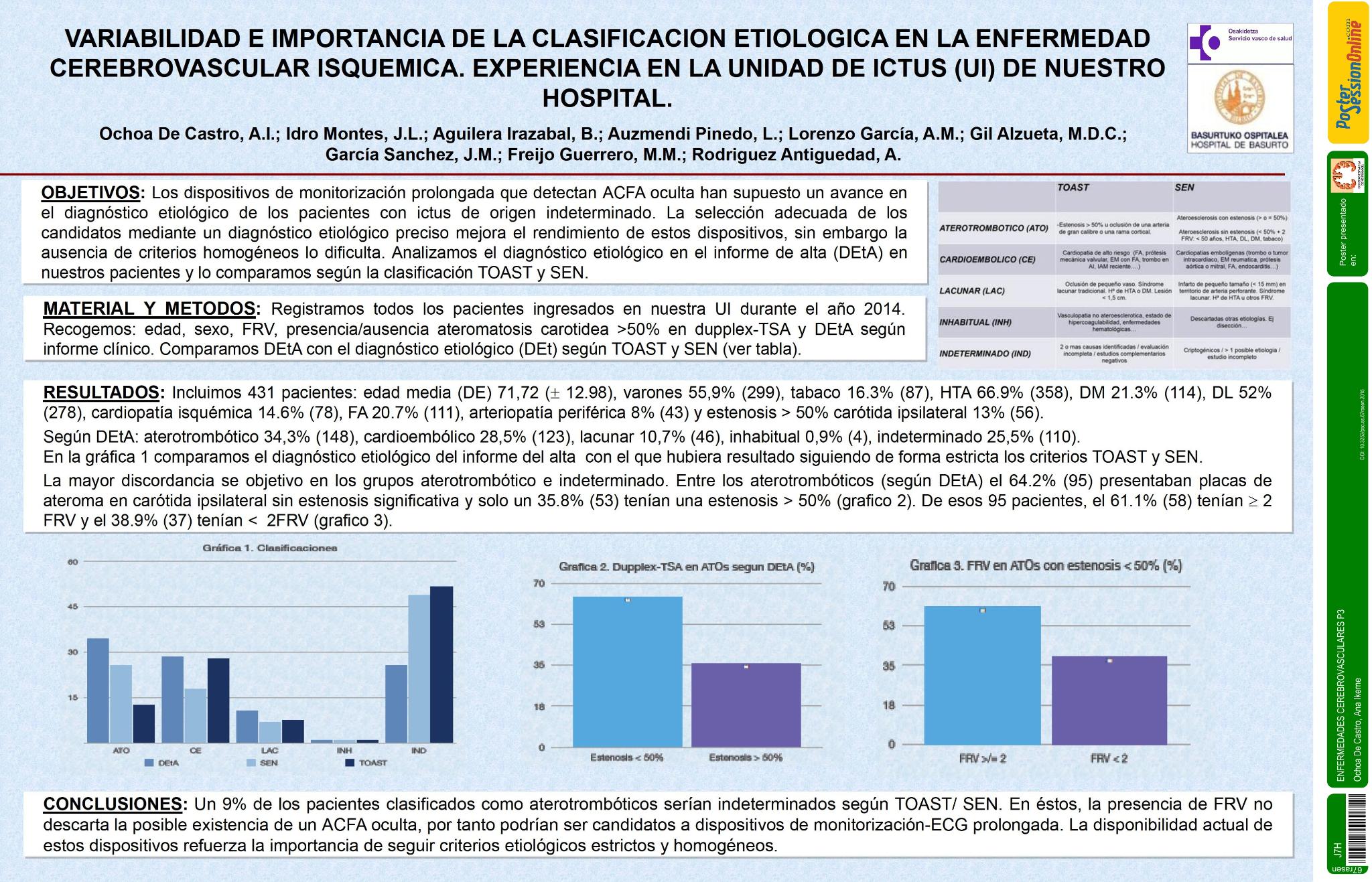 Variabilidad e importancia de la clasificación etiológica en la enfermedad cerebrovascular isquémica. Experiencia en la unidad de ictus (UI) de nuestro hospital