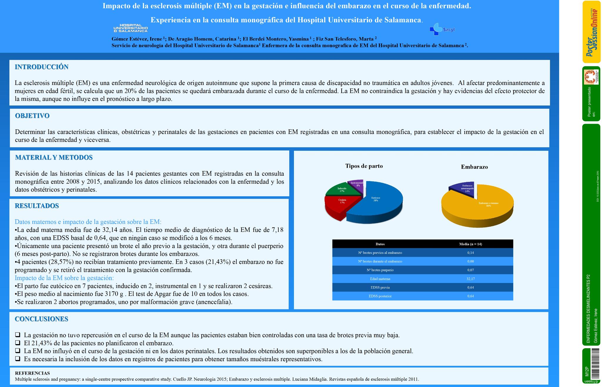 Impacto de la esclerosis mútiple (EM) en la gestación e influencia del embarazo en el curso de la enfermedad. Experiencia en la consulta monográfica del Hospital Universitario de Salamanca