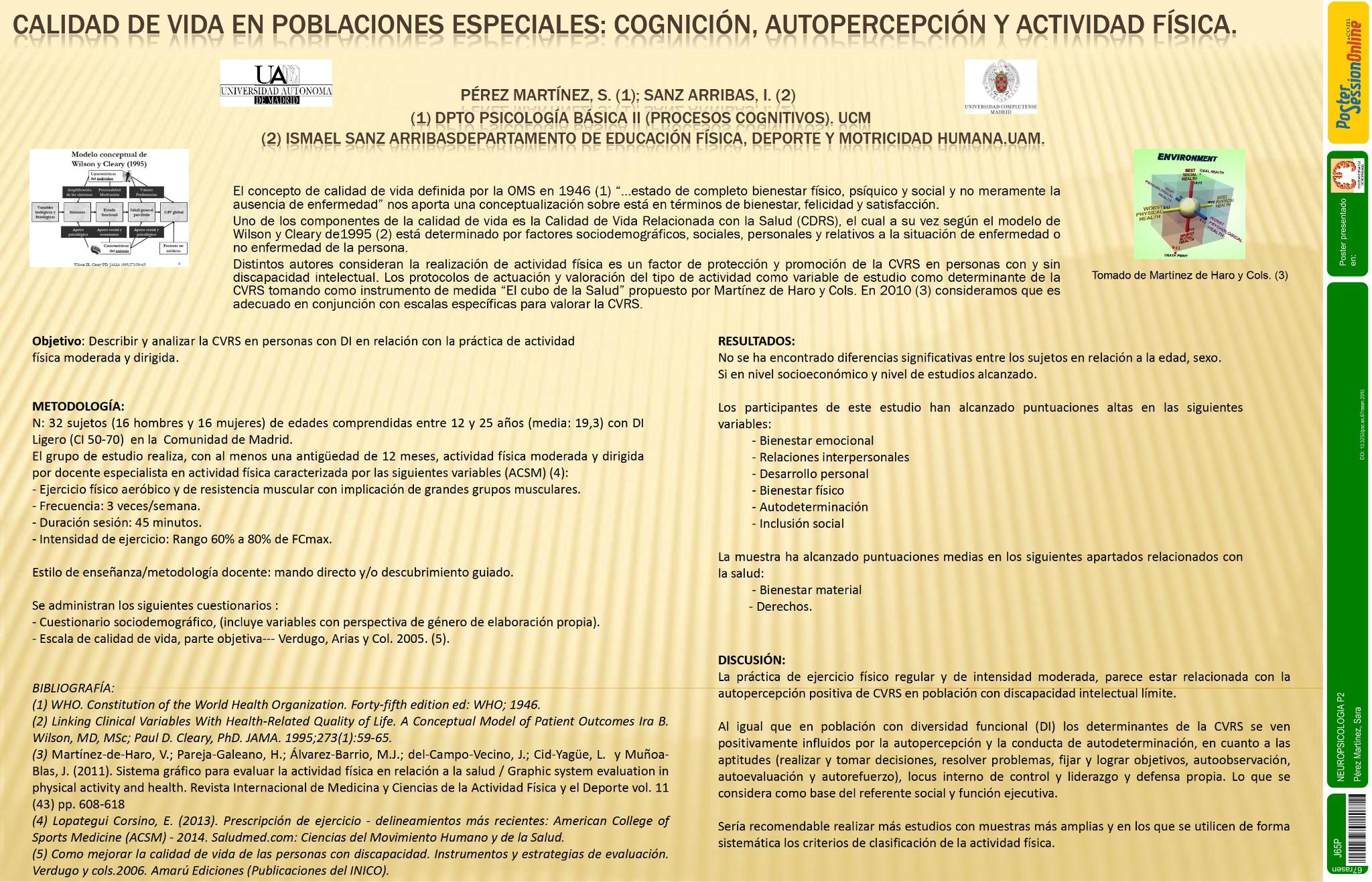 Calidad de vida en poblaciones especiales: cognición, autopercepción y actividad física