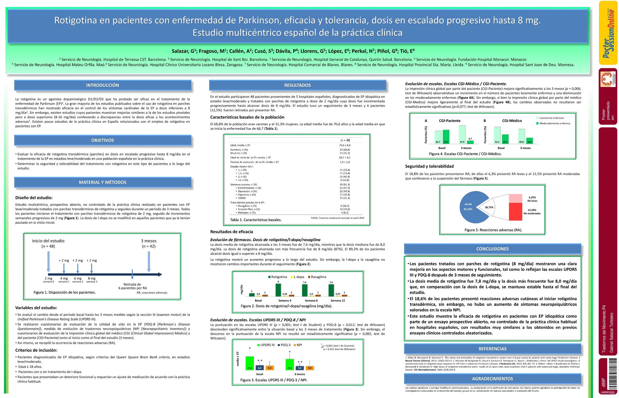 Escalado de la dosis de Rotigotina en pacientes con enfermedad de Parkinson, estudio prospectivo, multicentrico; valoración de eficacia y efectos secundarios