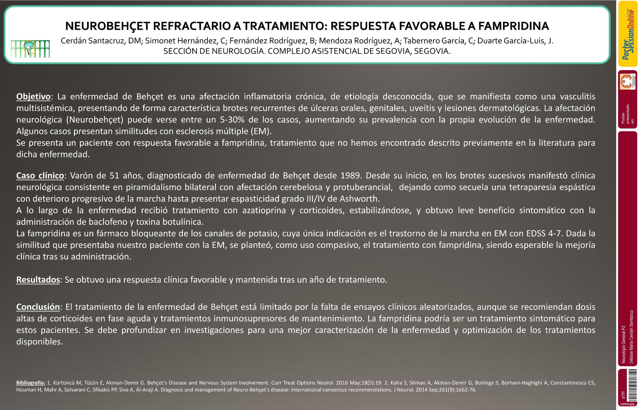 Neurobehçet refractario a tratamiento: respuesta favorable a fampridina