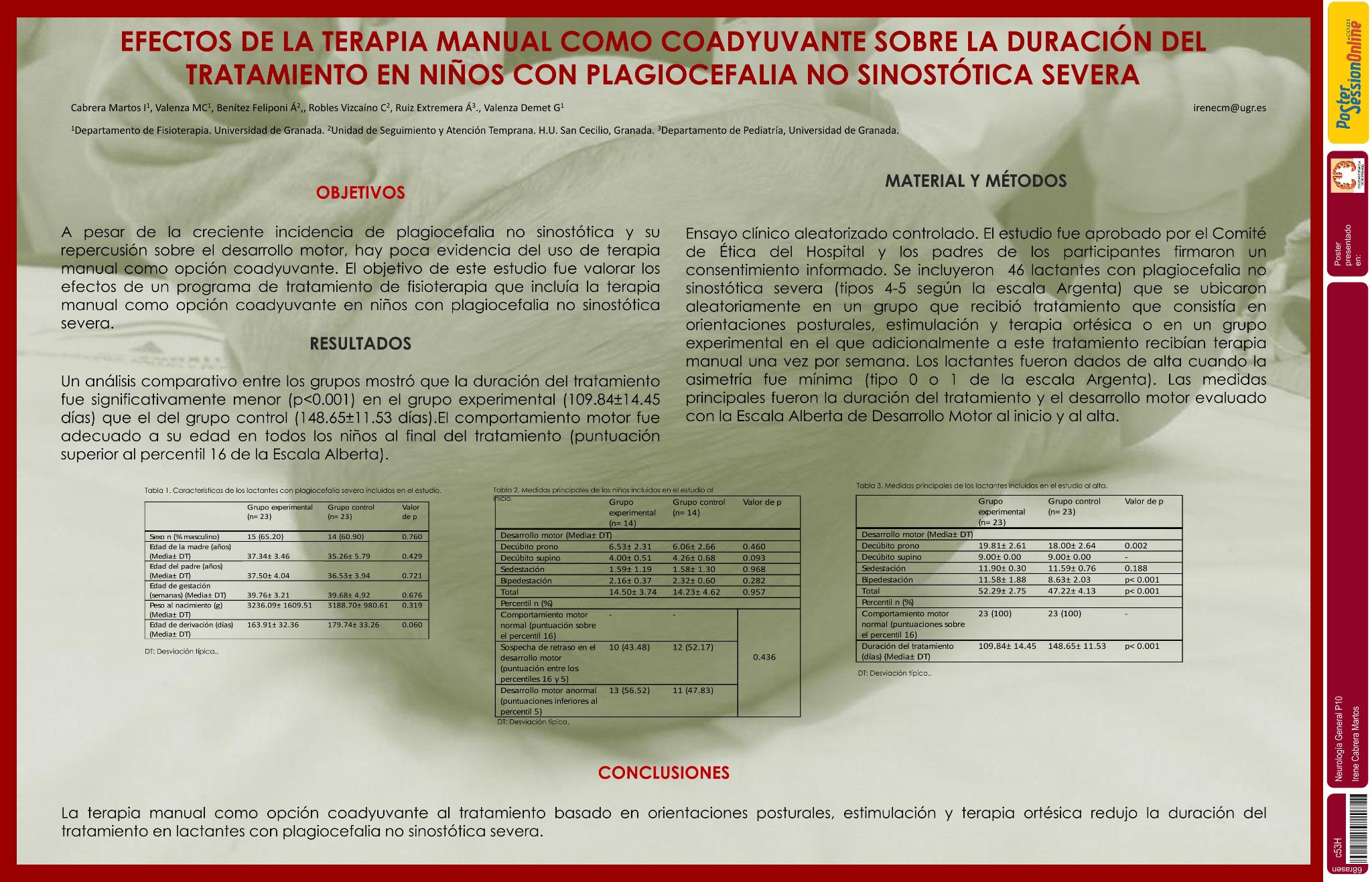 Efectos de la terapia manual como coadyuvante sobre la duración del tratamiento en niños con plagiocefalia no sinostótica severa
