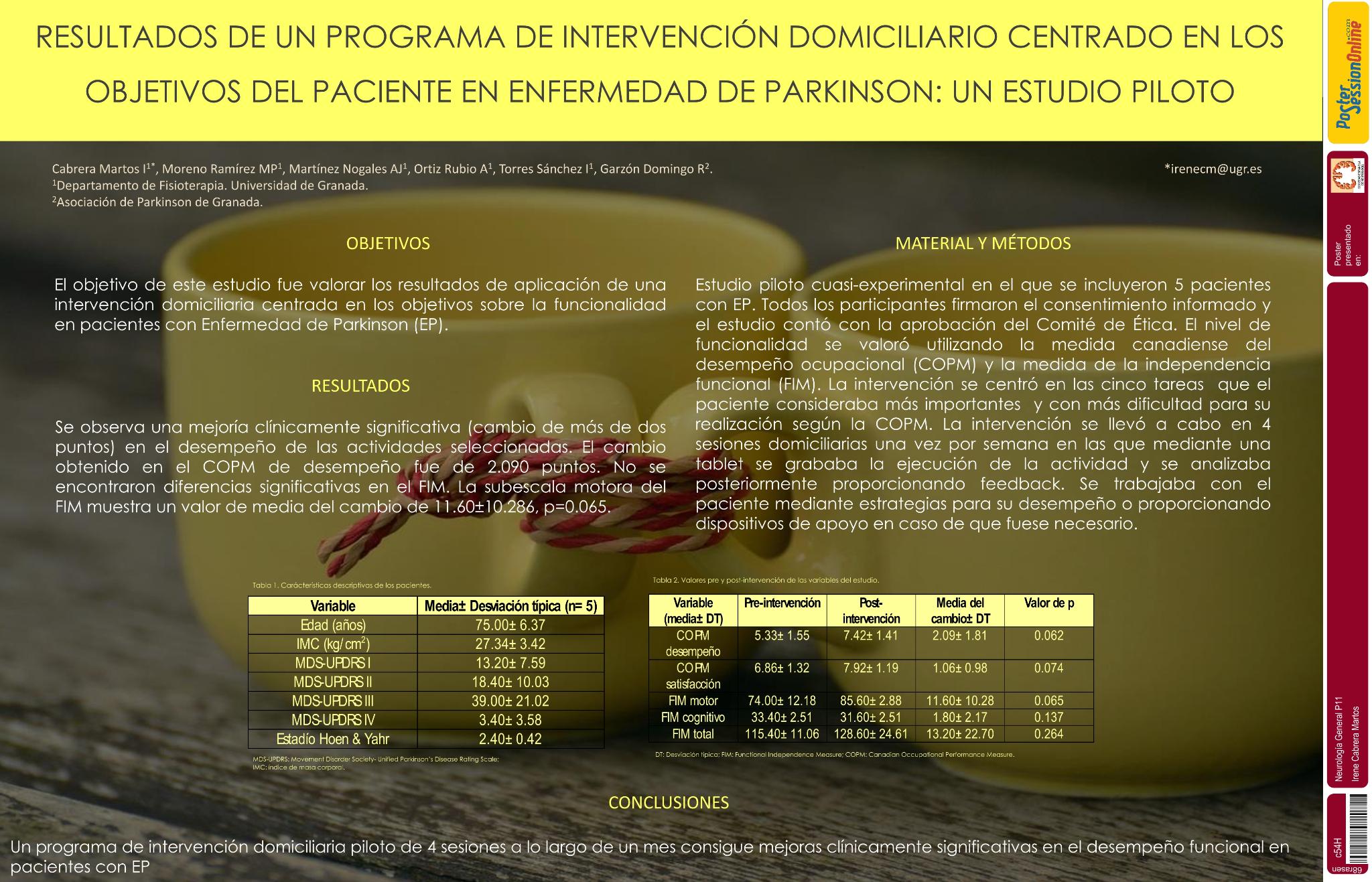 Resultados de un programa de intervención domiciliario centrada en los objetivos del paciente en Enfermedad de Parkinson: un estudio piloto