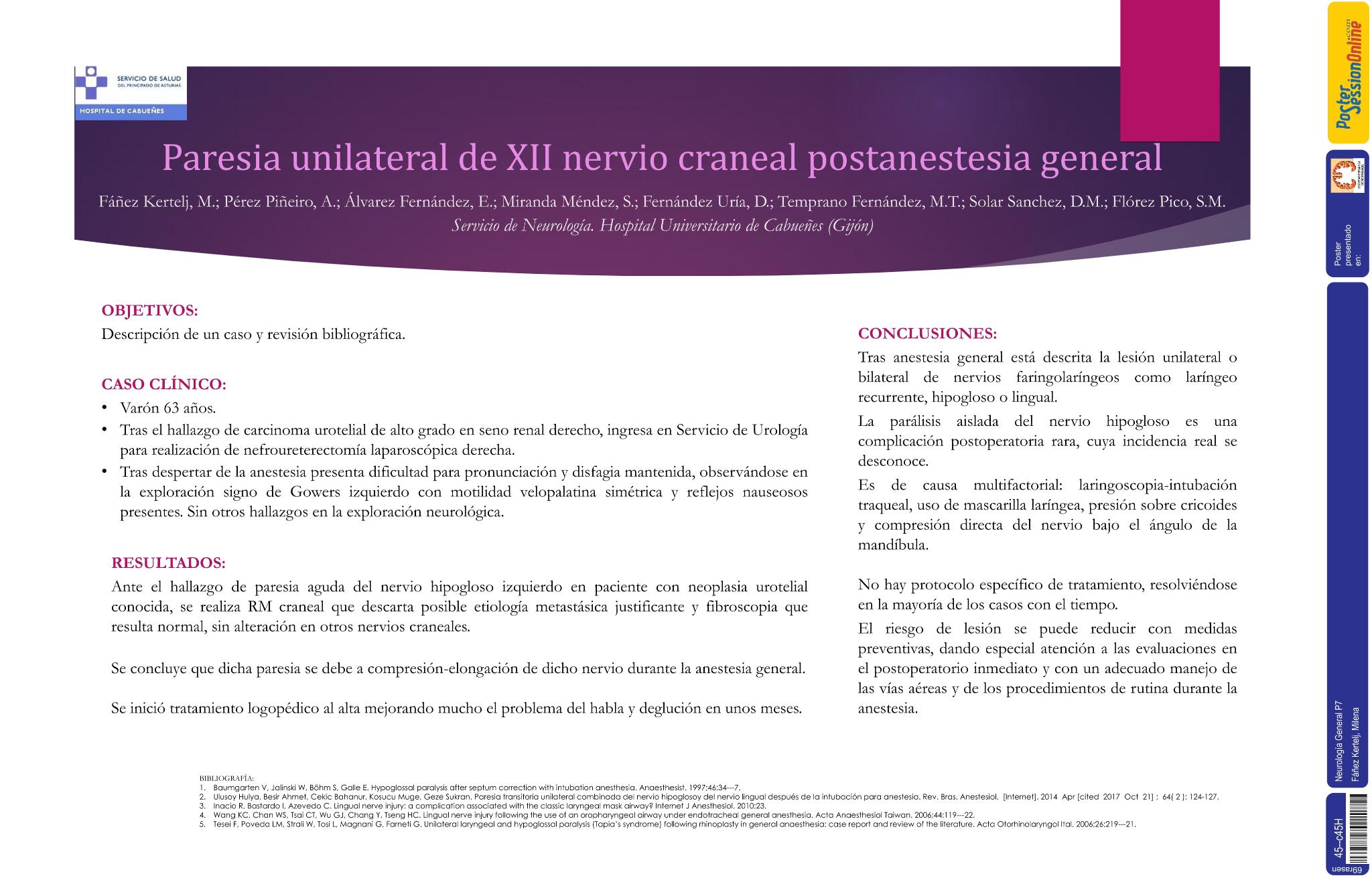 Paresia unilateral de XII nervio craneal postanestesia general