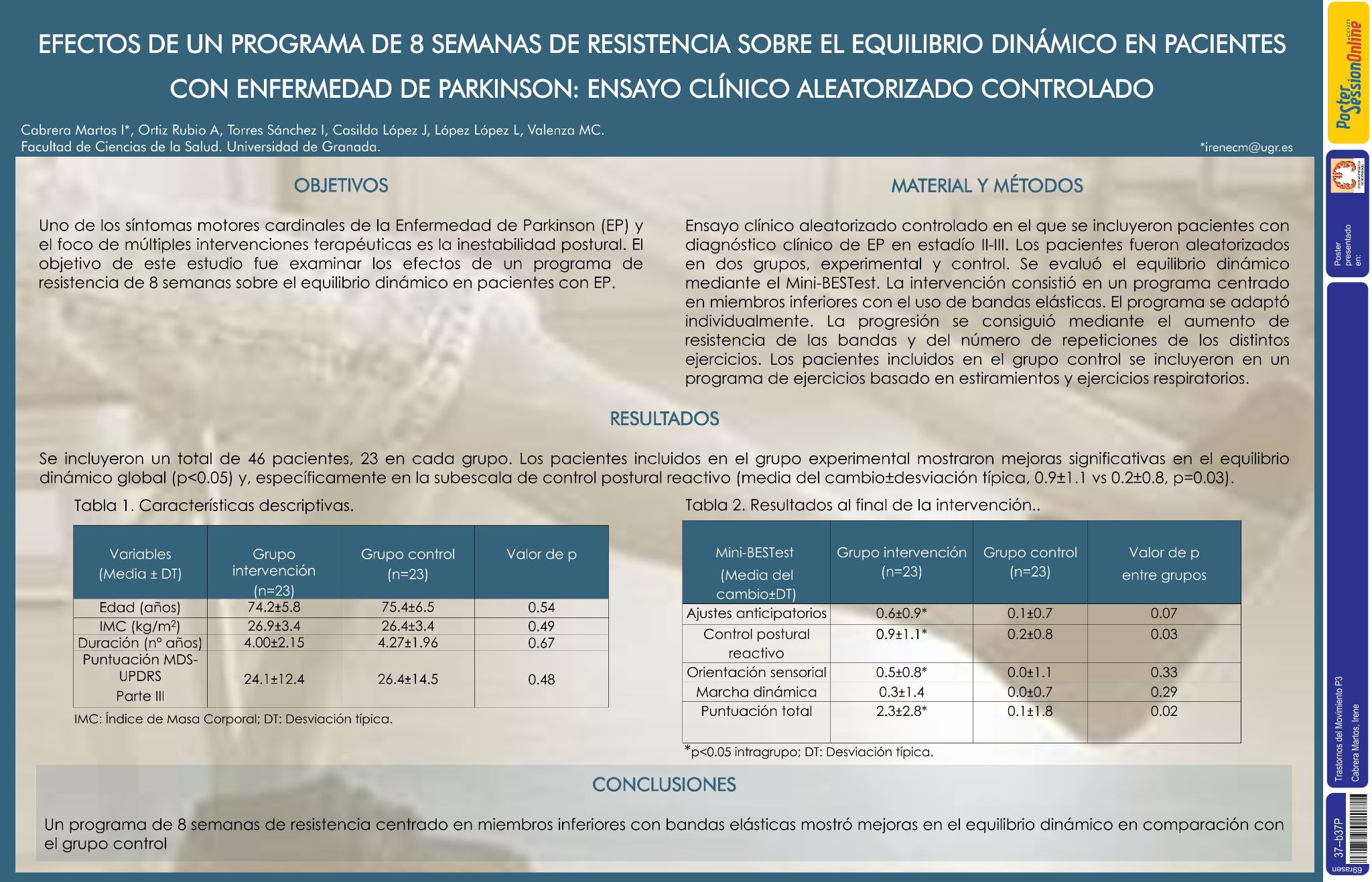 Efectos de un programa de 8 semanas de resistencia sobre el equilibrio dinámico en pacientes con enfermedad de Parkinson: ensayo clínico aleatorizado controlado