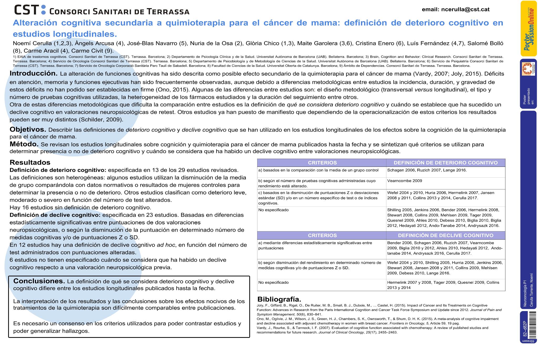 Alteración cognitiva secundaria a quimioterapia para el cáncer de mama: definición de deterioro cognitivo en estudios longitudinales
