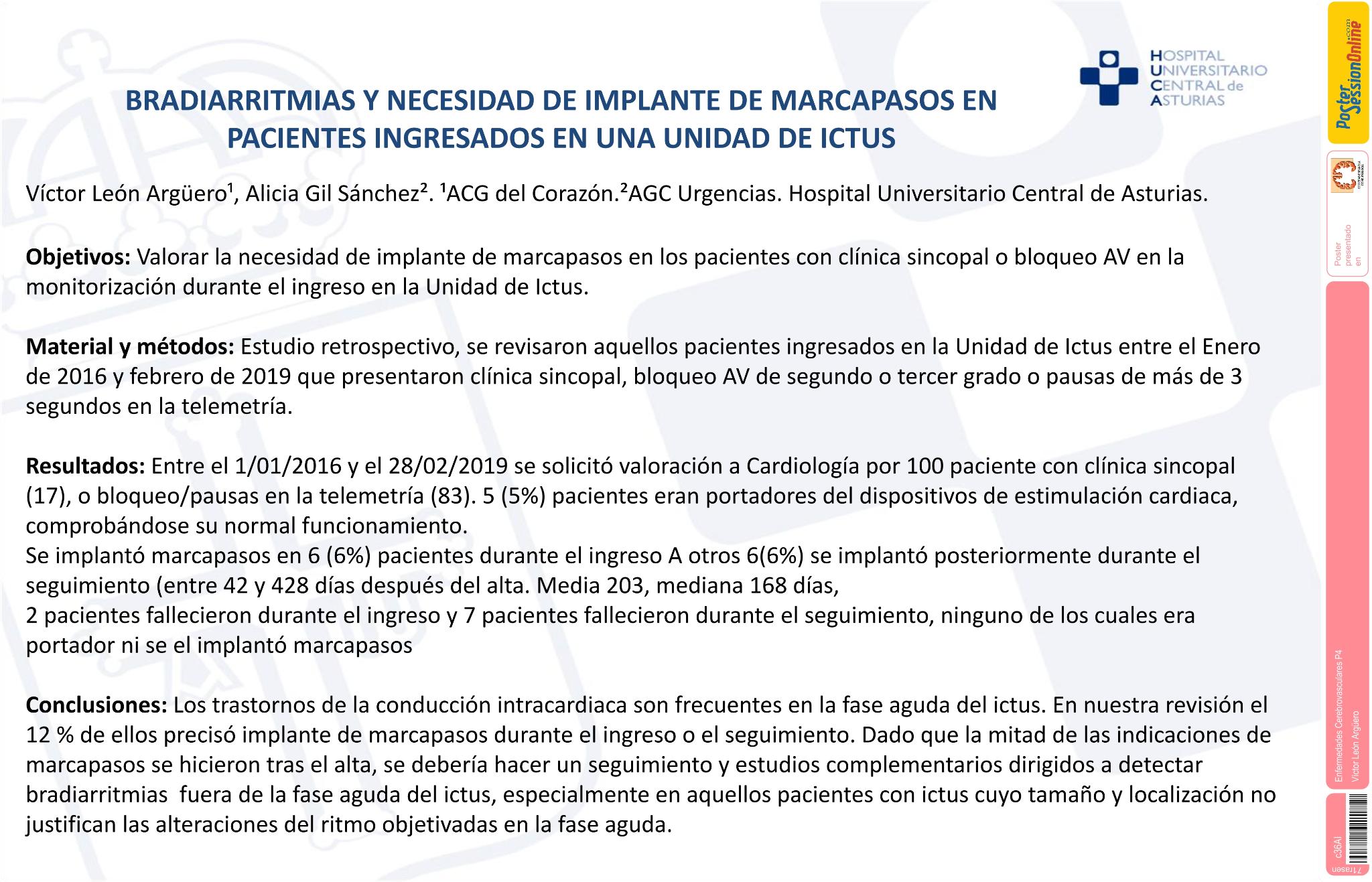 Bradiarritmias y necesidad de implante de marcapasos en pacientes ingresados en una Unidad de Ictus