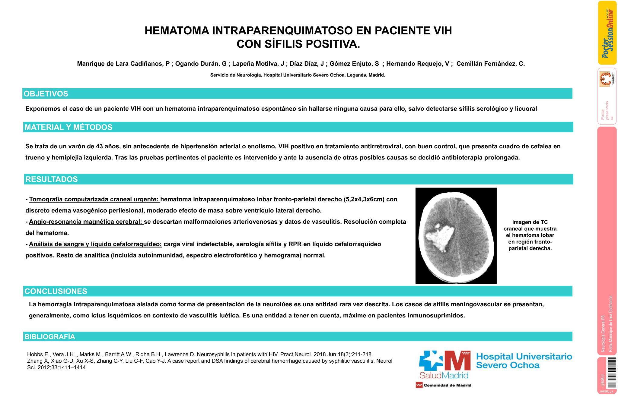 Hematoma intraparenquimatoso en paciente VIH con serología de sífilis positiva